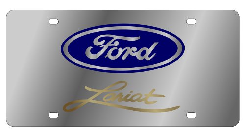 Eurosport Daytona Compatible/Replacement For Ford Lariat Gold Word With Blue Oval Stainless Steel License Plate