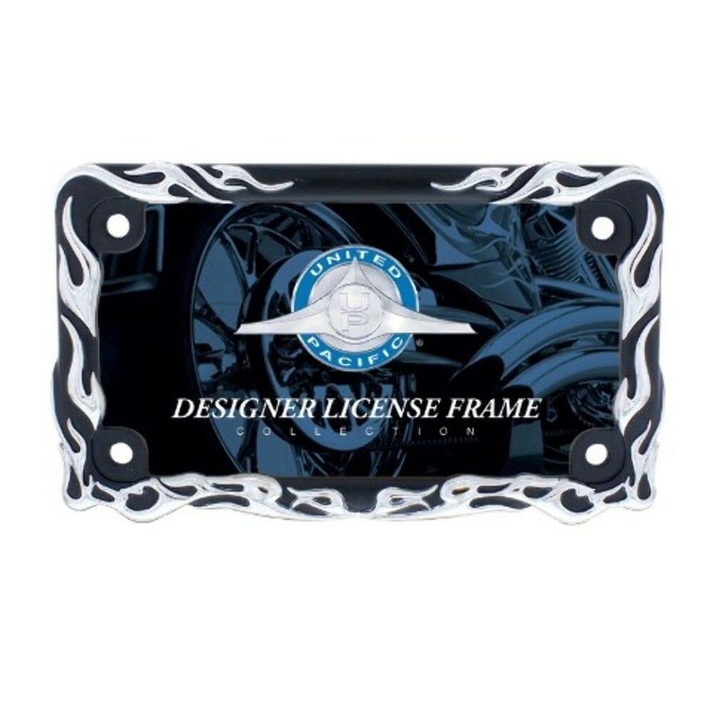 United Pacific 50129 Die-Cast Black W/Chrome Tribal Flame License Plate Frame Holder For Motorcycles, Motorcycle Accessories - 1 Unit