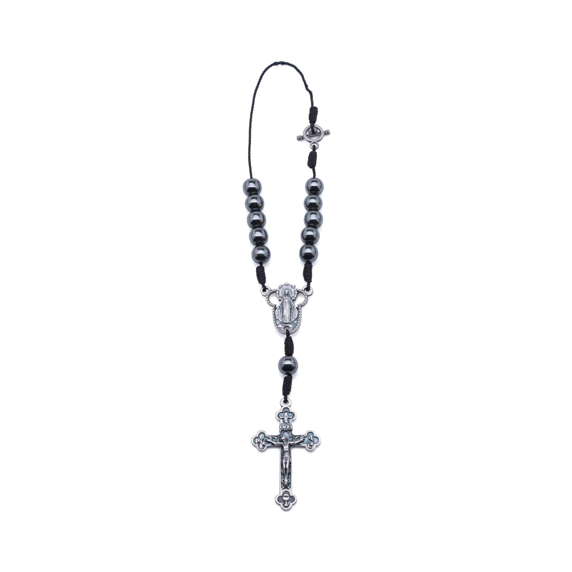 Intercession Hematite Car Rearview Mirror Rosary (St Benedict)