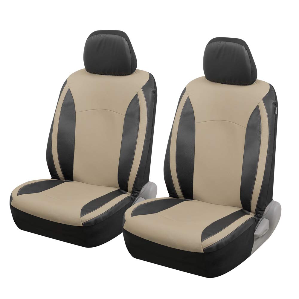 Motor Trend Beige Faux Leather Car Covers For Front Seats - Premium Automotive Bucket Seat Covers, Made For Vehicles With Removable Headrests, Interior Covers For Truck Van Suv