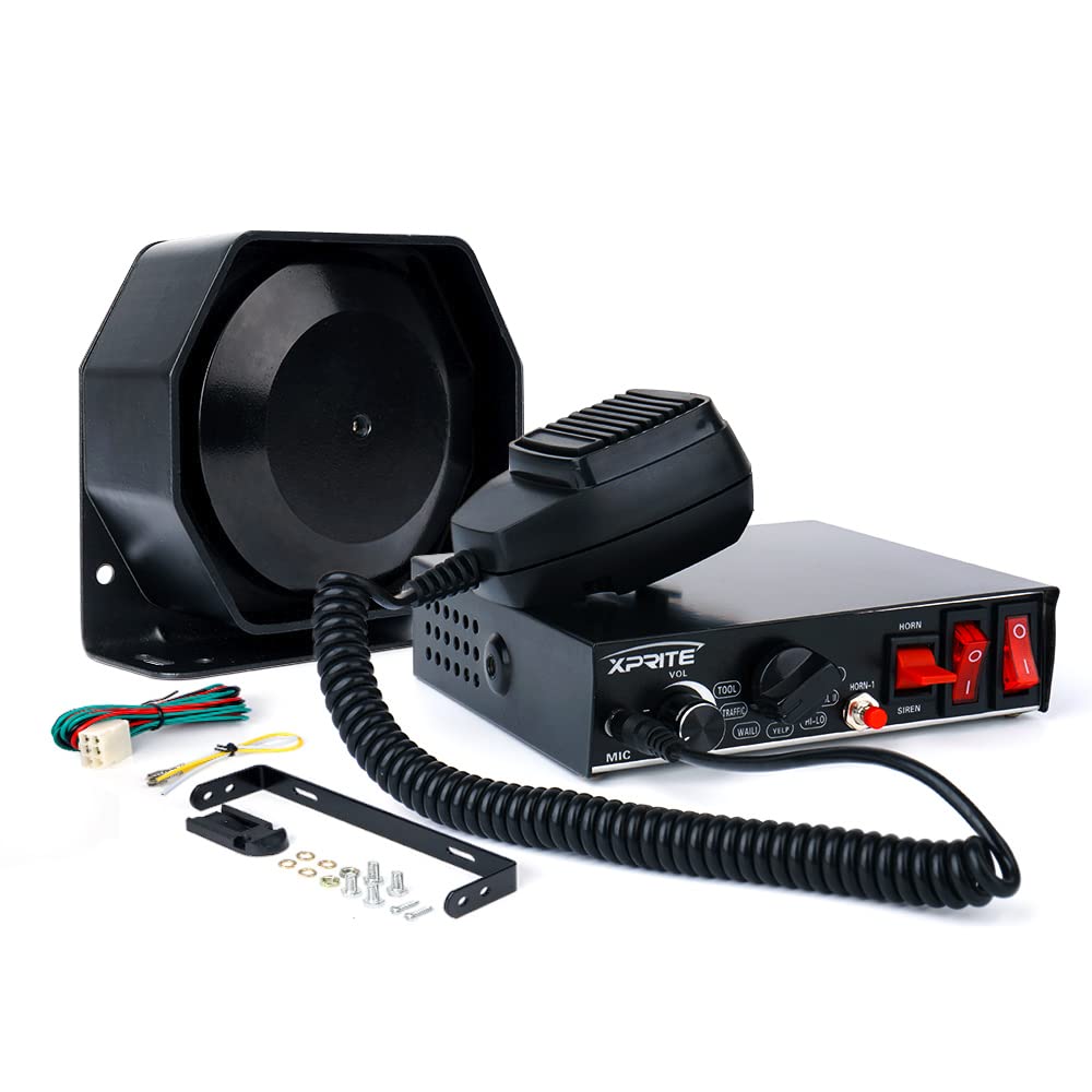 Xprite 8 Tones 200 Watt Emergency Warning Siren Extra Slim Speaker Pa System Kit W/Handheld Microphone & 2 Lights Control Switches