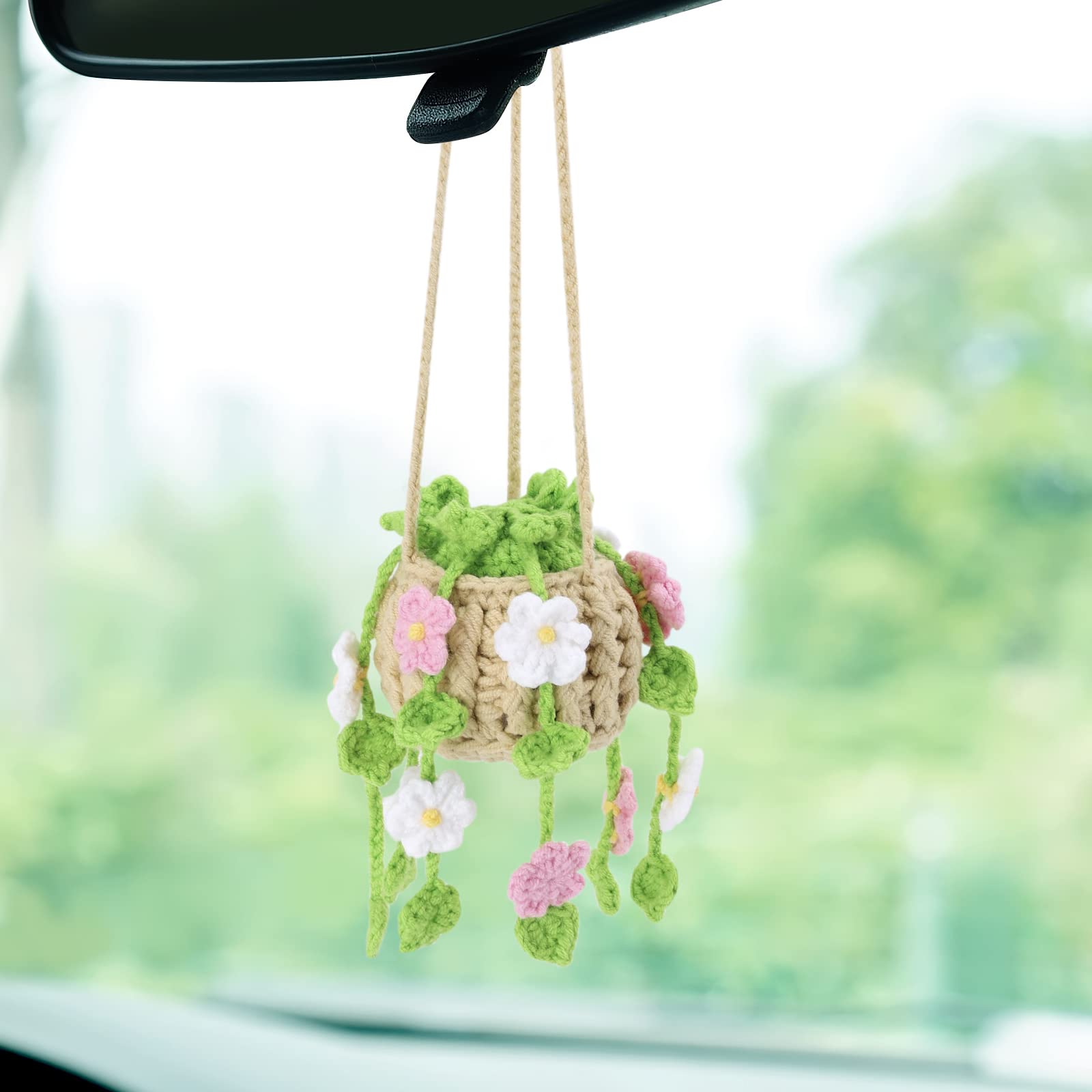 Vansolinne Cute Car Accessories Crochet Hanging Basket Flower Plant Car Ornament For Rearview Mirror Decor Interior Aesthetic Plant Lovers Gifts For Women And Men Drivers
