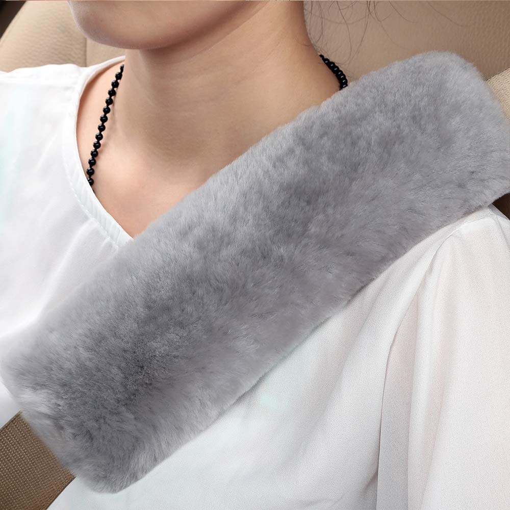 OGLAND Sheepskin Car Seat Belt Pad, 2 Pack Soft Shoulder Cushion Cover, Natural Merino Wool, Misty Gray, Car Accessories