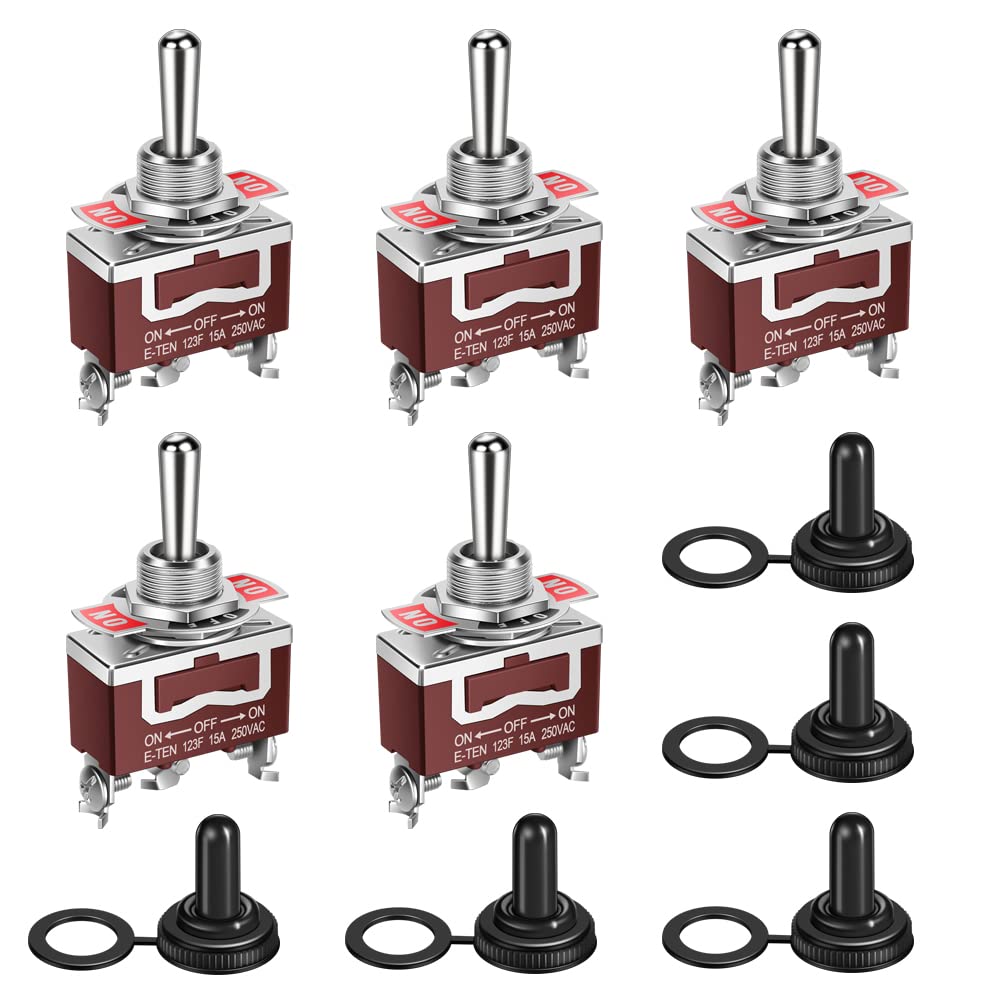 Cnaodun Waterproof Momentary Toggle Switch (On)-Off-(On) 30A 12Vdc/15A 250Vac Dc Marine Spdt Switch 3 Way With Weatherproof Boot Cap Cover For Car Auto Boat (Pack Of 5)