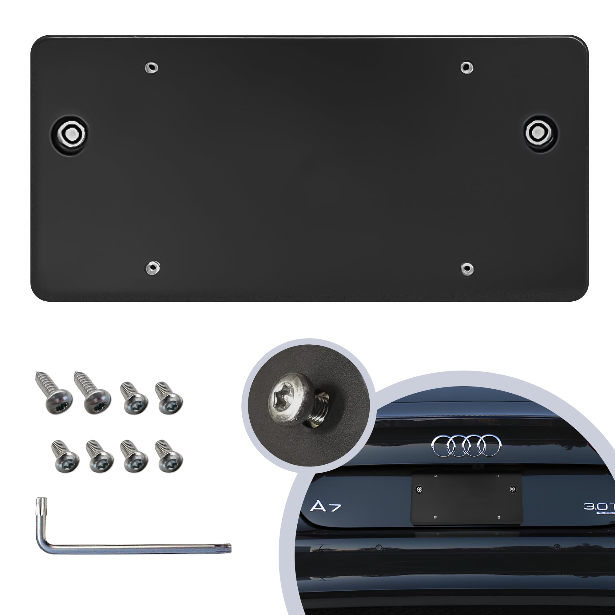 Rear Bumper License Plate Bracket For Audi A7 S7 Rs7 2012-2023, Plate Holder Set W 8 Unique Screw Bolts & Wrench Kit, License Tag Mounting Kit, Quality Plate Holders, Premium Car Accessories