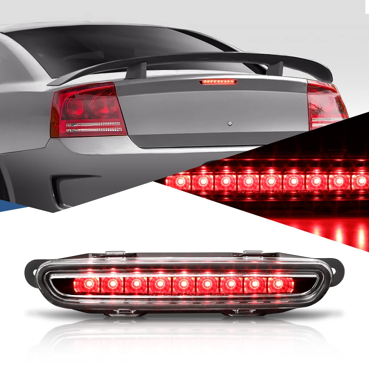 Auto Dynasty Full Led Rear Center High Mount 3Rd Third Tail Brake Light Stop Lamp Compatible With Charger 2006-2010, Black Housing Clear Lens