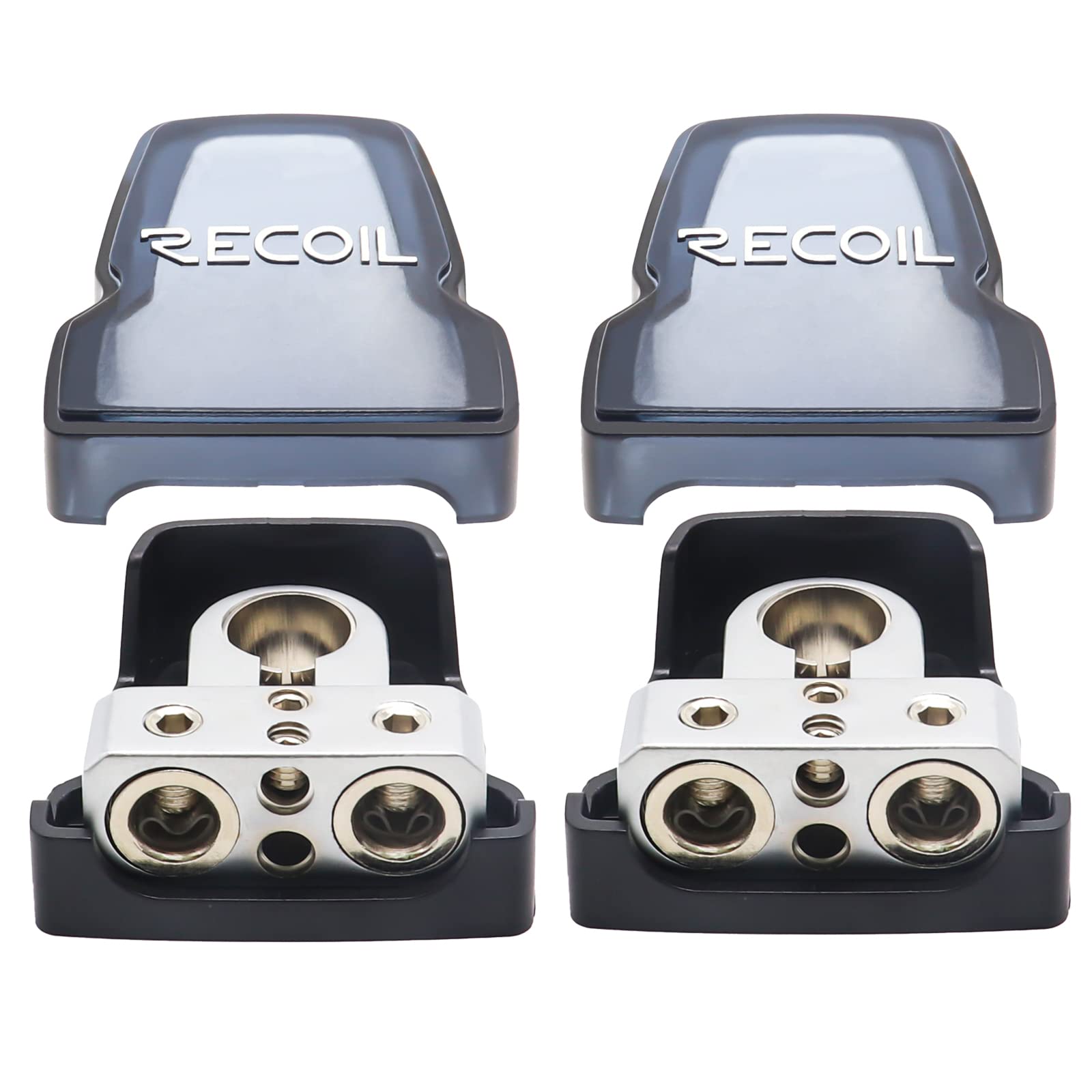 Recoil Pbt-D08 2 Pack Premium Solid Brass Positive Negative Battery Terminals Clamps With Two 0/2/4 Gauge Outputs And Two 8 Gauge Outputs