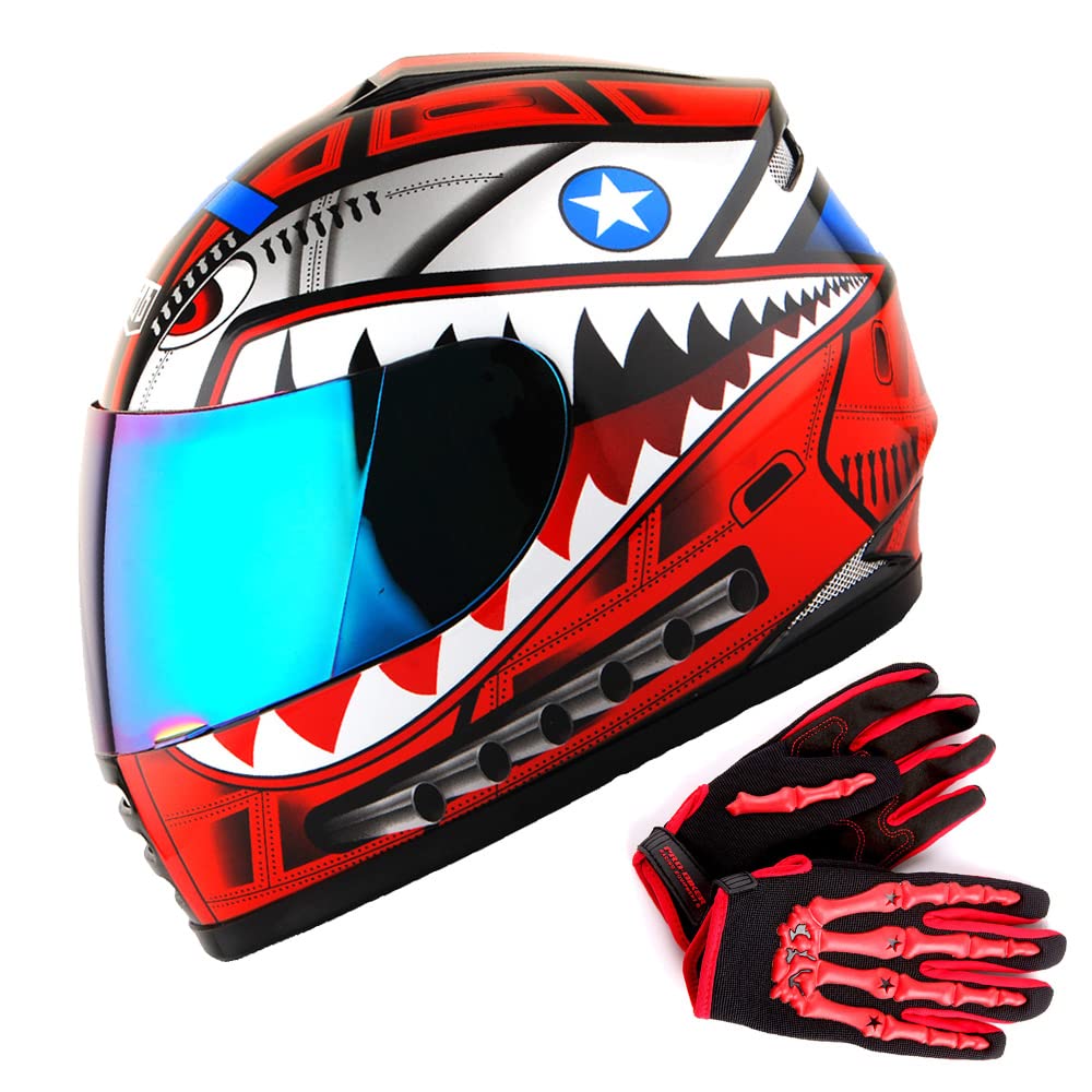 Wow Youth Motorcycle Full Face Helmet Street Bike Bmx Mx Kids Shark Red + Mx Skeleton Glove Bundle