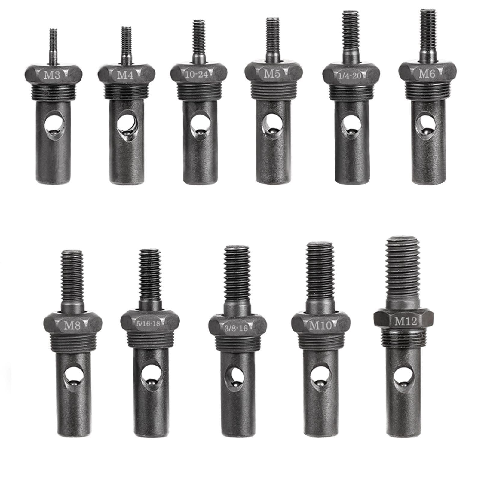 Wetols 11Pcs Rivet Nut Tool Replacement Mandrels Of We882/We889, Rivet Nut Tool Accessories Set M3 M4 M5 M6 M8 M10 M12, 10-24, 1/4-20, 5/16-18, 3/8-16 Rivet Nut Tool Spare Parts