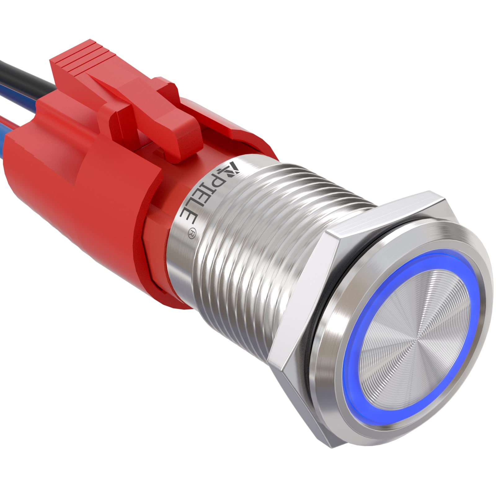 Apiele 10 Amp 16Mm Latching Push Button Switch 12V Angel Eye Led Waterproof Round Self-Locking 1No (Silver Stainless Steel, Blue)