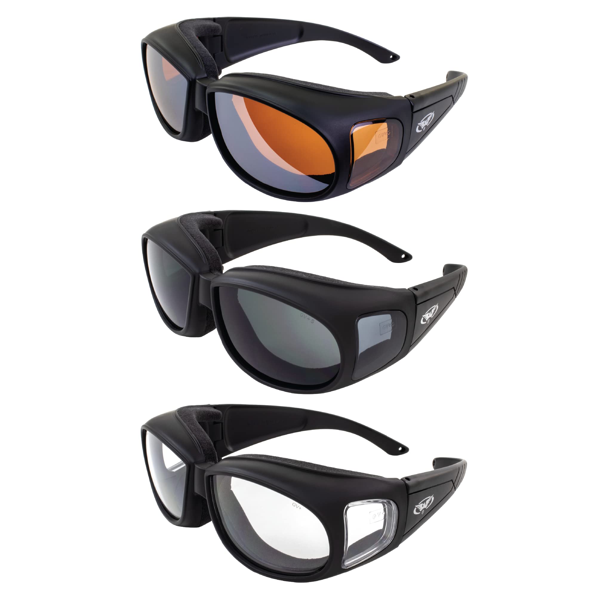 Global Vision 3 Pairs Of Outfitter Padded Motorcycle Safety Sunglasses Z87.1 Anti-Fog Over-The-Glasses Black Frame With Clear, Smoke & Driving Mirror Lenses