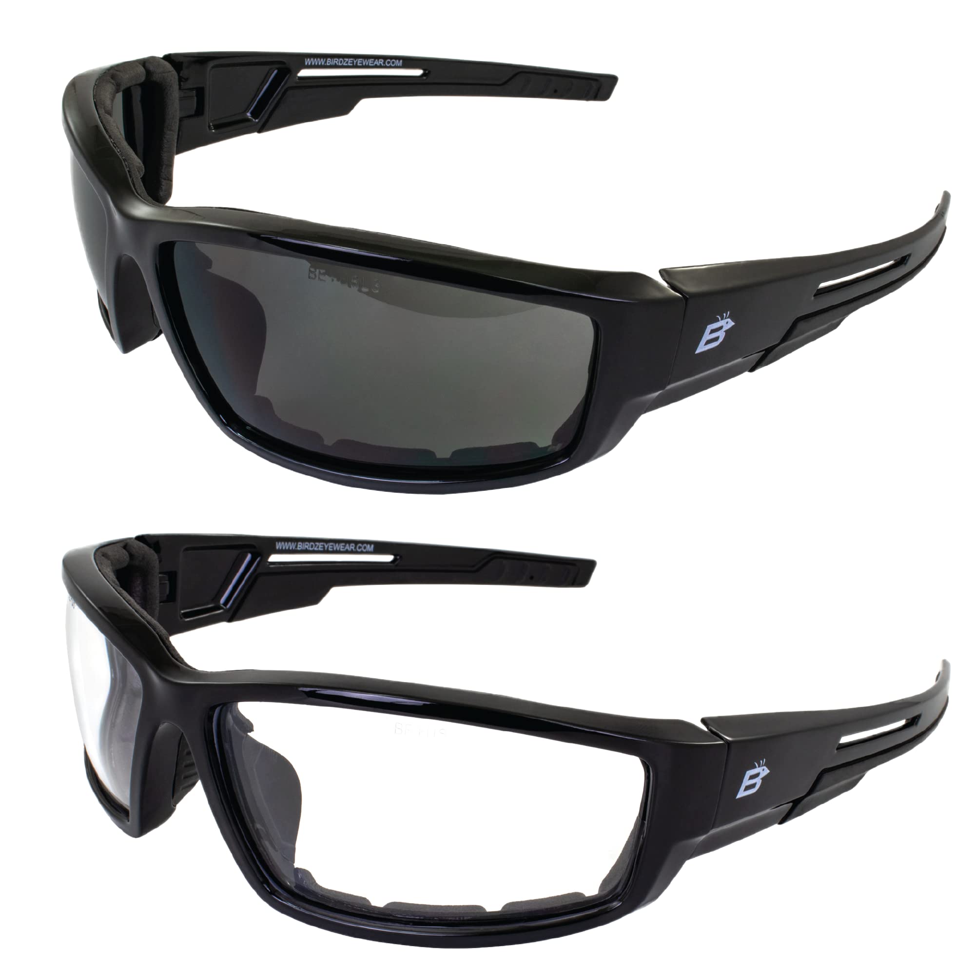 Birdz Eyewear Swoop Anti-Fog Padded Motorcycle Sunglasses Riding Glasses 2 Pairs Black Frame With Clear & Smoke Lenses For Day & Night Ansi Z87 .1 (Clear/Smoke)