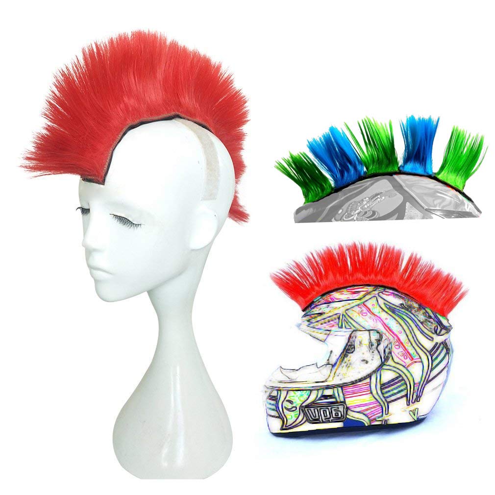 3T-Sister Helmet Mohawk Wig Motorcycle Adhesive Mohawk Hair Patches Skinhead Costumes Wig-Red (Helmet Not Included)