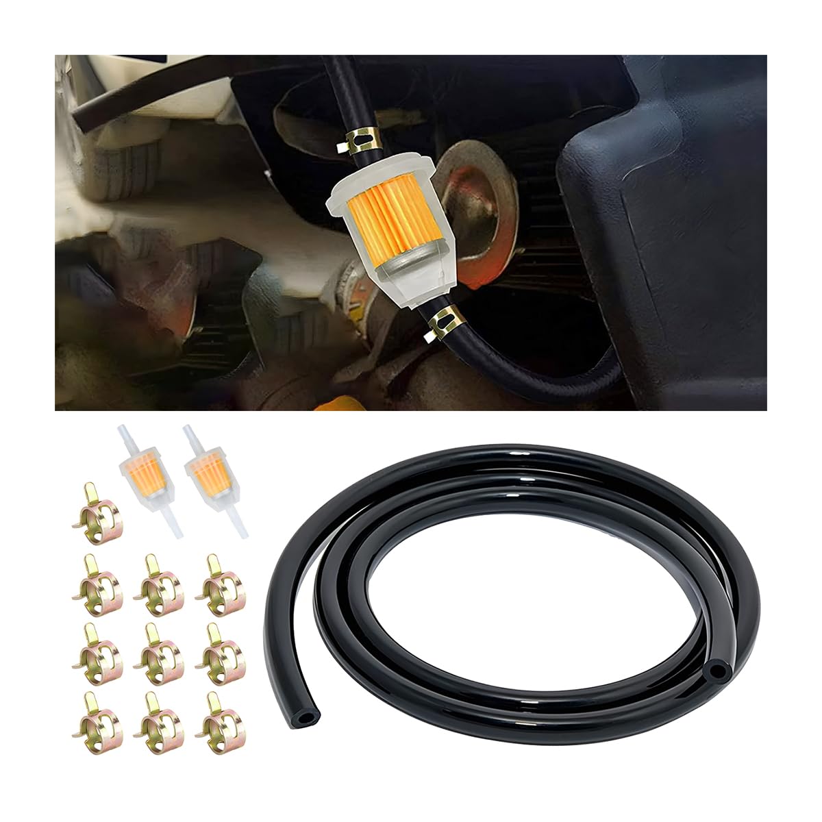 BESULEN 1/4 Inch ID Fuel Line Hose Kit - 6-Foot Hose, 2 Inline Filters, 10 Clamps - Universal for Small Engines, ATV, Motorcycle