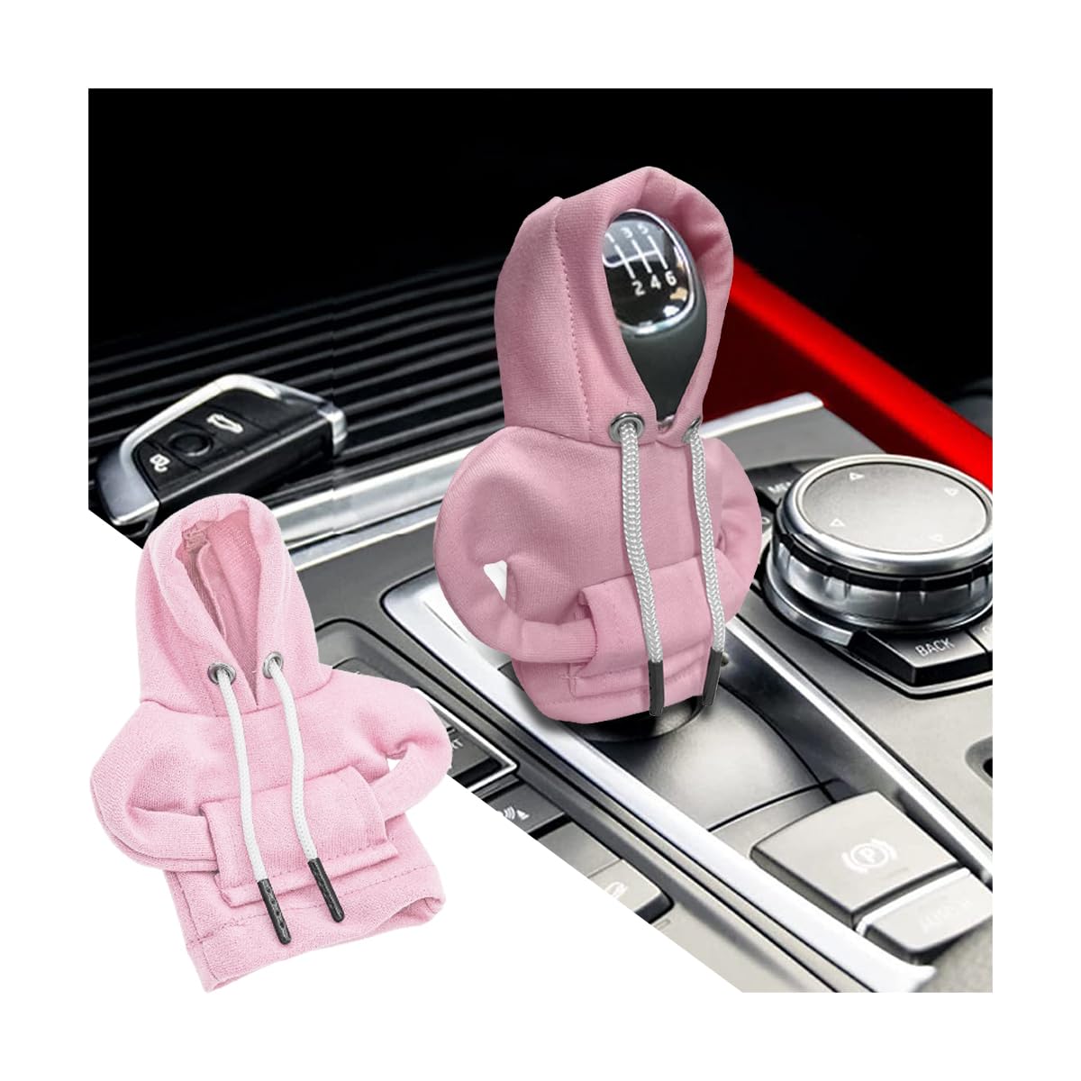 Belomi Car Gear Shift Cover, Fashionable Hoodie Automotive Gear Shift Knob Protector, Mini Sweater Shirt Gear Shift Knob Cover, Universal Car Decor Accessories (Pink)