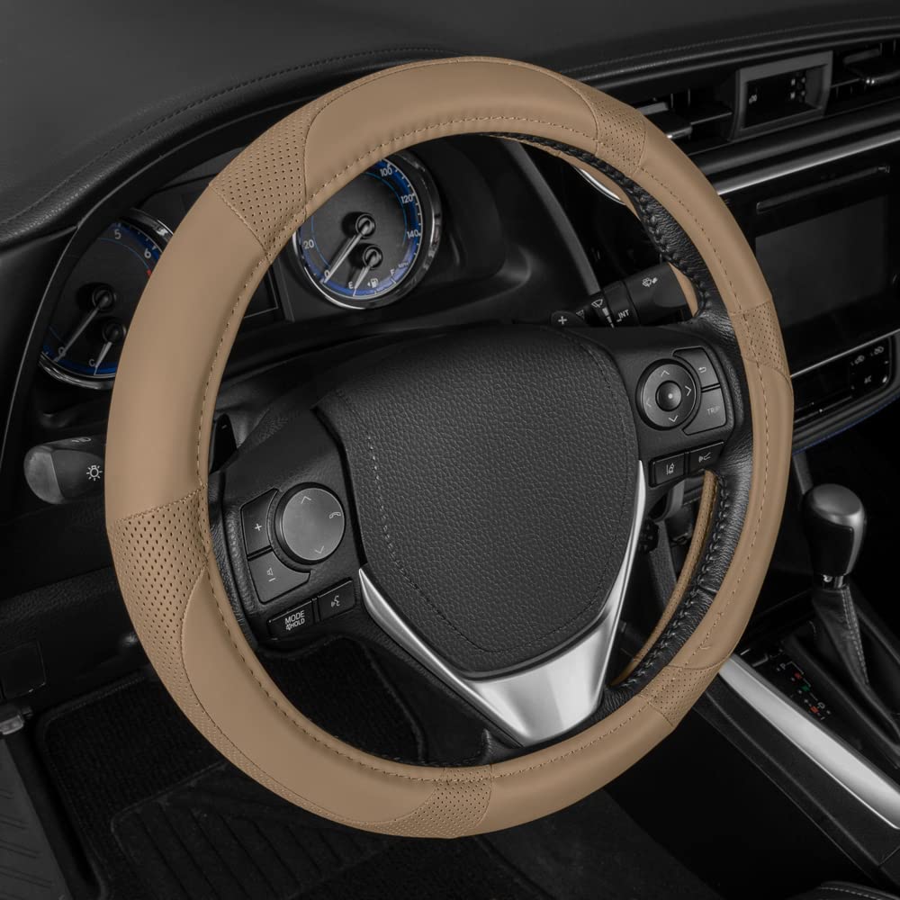Motor Trend Beige Classic Stitch Perforated Simulated Leather Steering Wheel Cover, All Beige