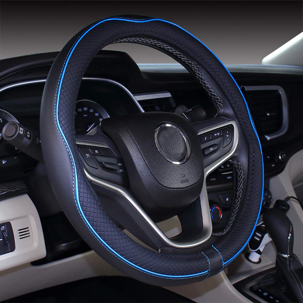 Mayco Bell Universal Standard Size Steering Wheel Cover Anti-Slip,Safety,Soft,Breathable,Durable,Full Surround,Comfortable Grip Microfiber Leather (14.5-15 Inch,Black Blue)