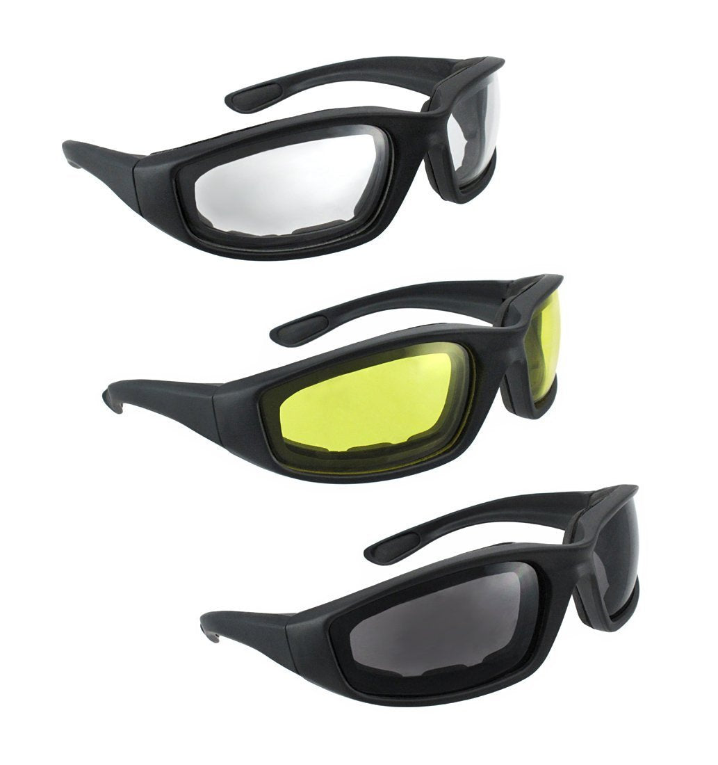 Luckystone 3 Pair Uv Protection Motorcycle Riding Glasses Padding Goggles Bicycle Sunglasses - Smoke Clear Yellow