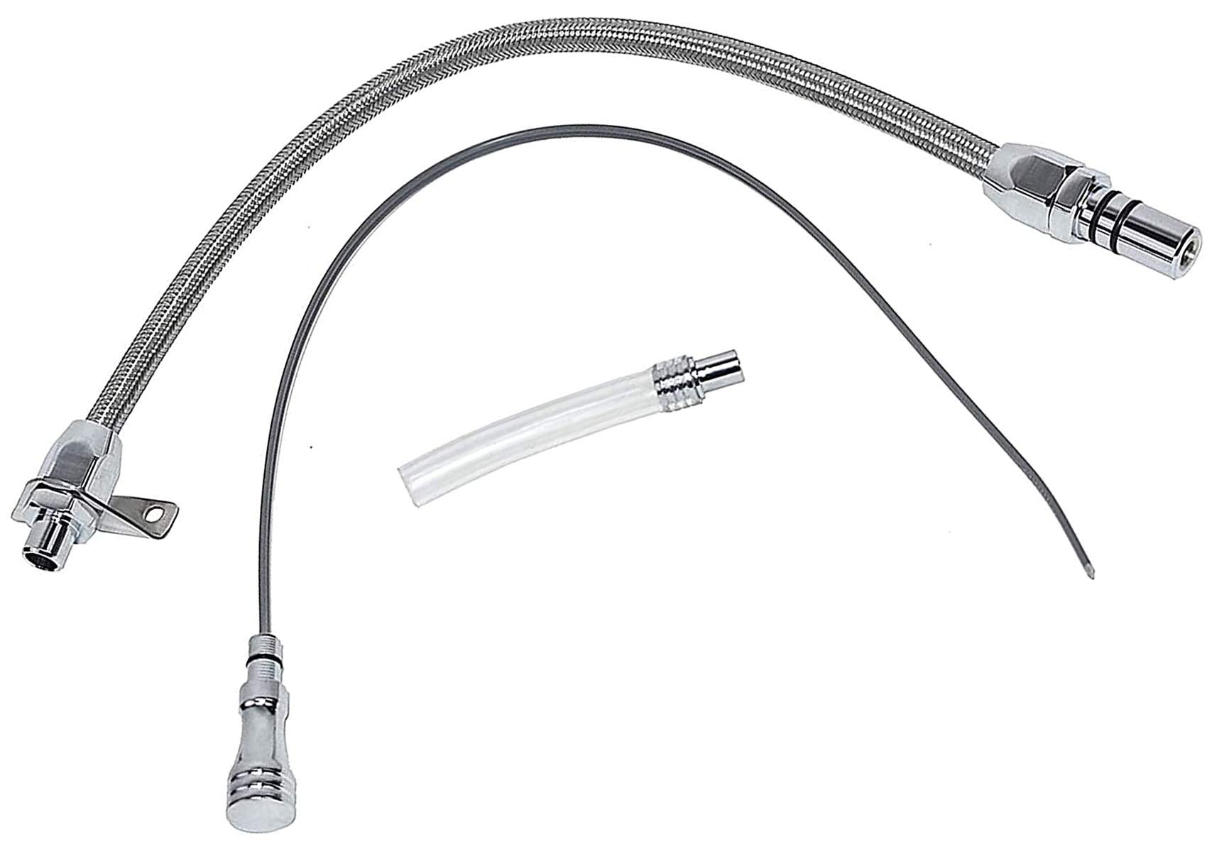 A-Team Performance - Transmission Dipstick Oil Tube Flexible Braided Stainless Steel Firewall Mount - Compatible With Chevrolet Chevy Gm 700R4 Auto Parts Silver 26 3/4 Inches - Chrome Handle Finish