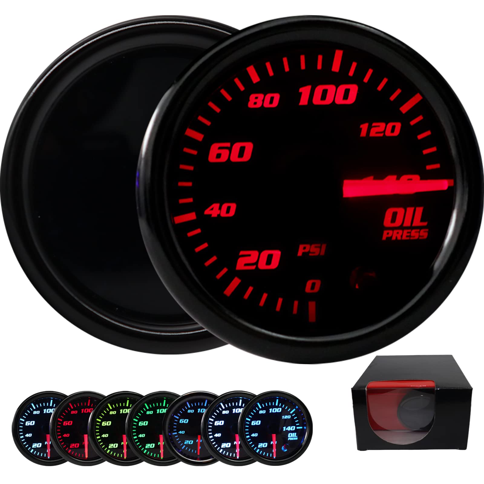 7 Color Oil Pressure Gauge 0-140 Psi Oil Press Gauge Meter 52Mm 2-1/16' Led Backlight Black Oil Pressure Meter With Oil Pressure Sensor