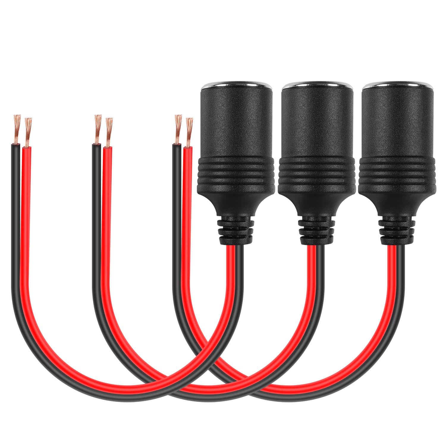 Hatmini 3 Pcs 18Awg Female Car Cigarette Lighter Socket With Bare Wire Open End Cable,1Ft 12/24V Car Charger Power Cigarette Lighter Female Socket Replacement Cable For Equipment Within 120W