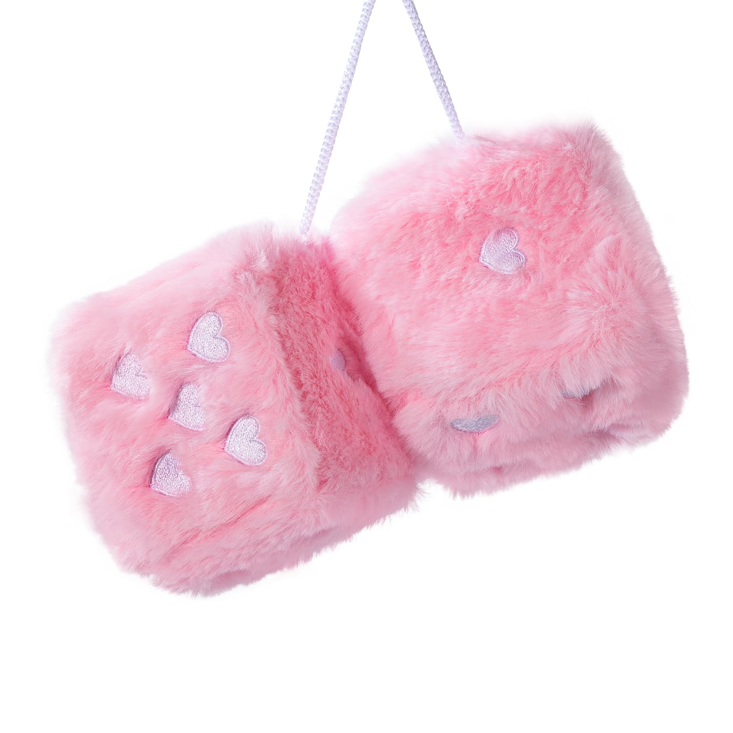 Heart Embroidered Baby Pink Fuzzy Plush Dice - 3-Inch Decorative Car Mirror Hanging Ornaments, Soft Foam, Easy Install, Great Gift Idea (Baby Pink)