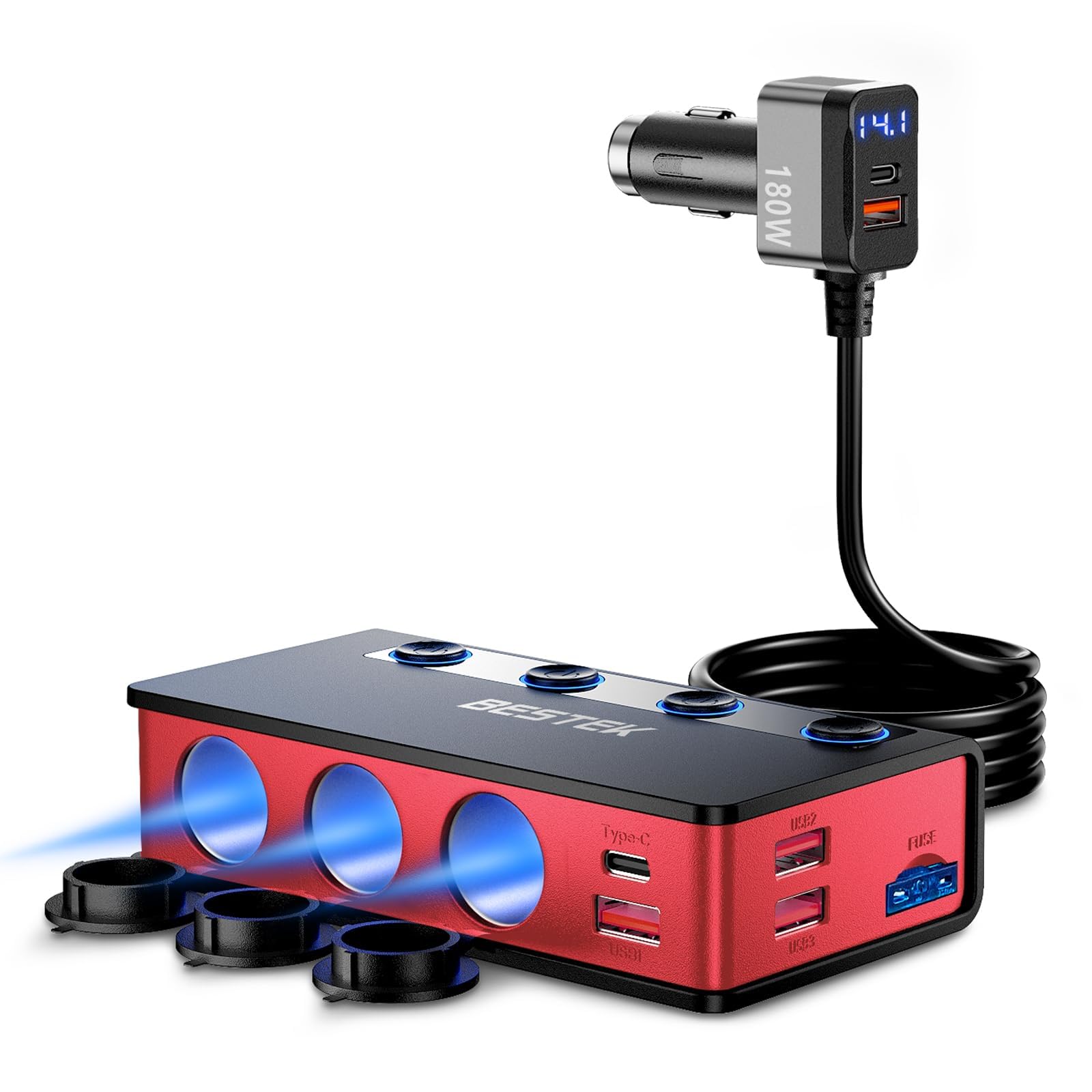 Bestek Cigarette Lighter Splitter Adapter: 9In1 Car Charger 180W 3-Socket Pd 65W And Qc3.0 18W Charging Ports Led Display Super Fast Charger For12V/24V (180W Cigarette Lighter Splitter (Red))