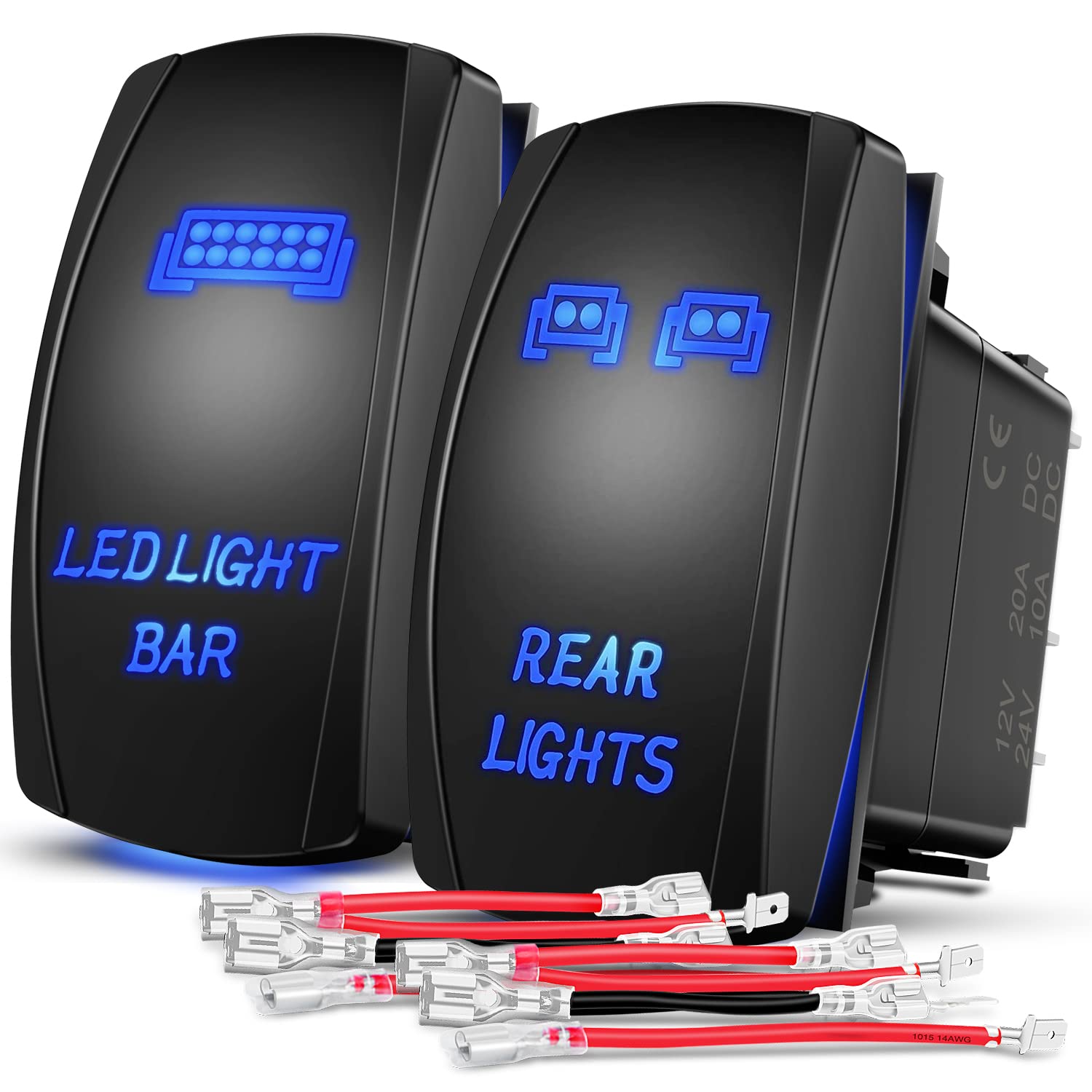 Nilight 2 Pack Rear Lights Rocker Switch Led Light Bar Rocker Switch 5Pin Laser On Off Spst Switches 20A/12V 10A/24V Switch Blue With Jumper Wires Set For Cars Trucks Rvs