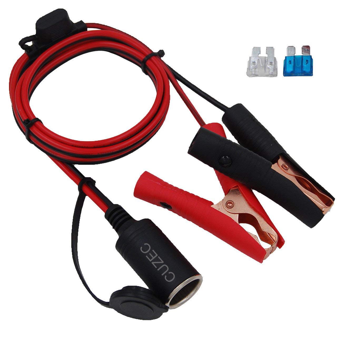 Cuzec 12V/ 24V Extension Cord Plug Socket With Battery Clamp 4.9Ft / 1.5M 16 Awg Battery Clip-On And Cigarette Lighter Adapter