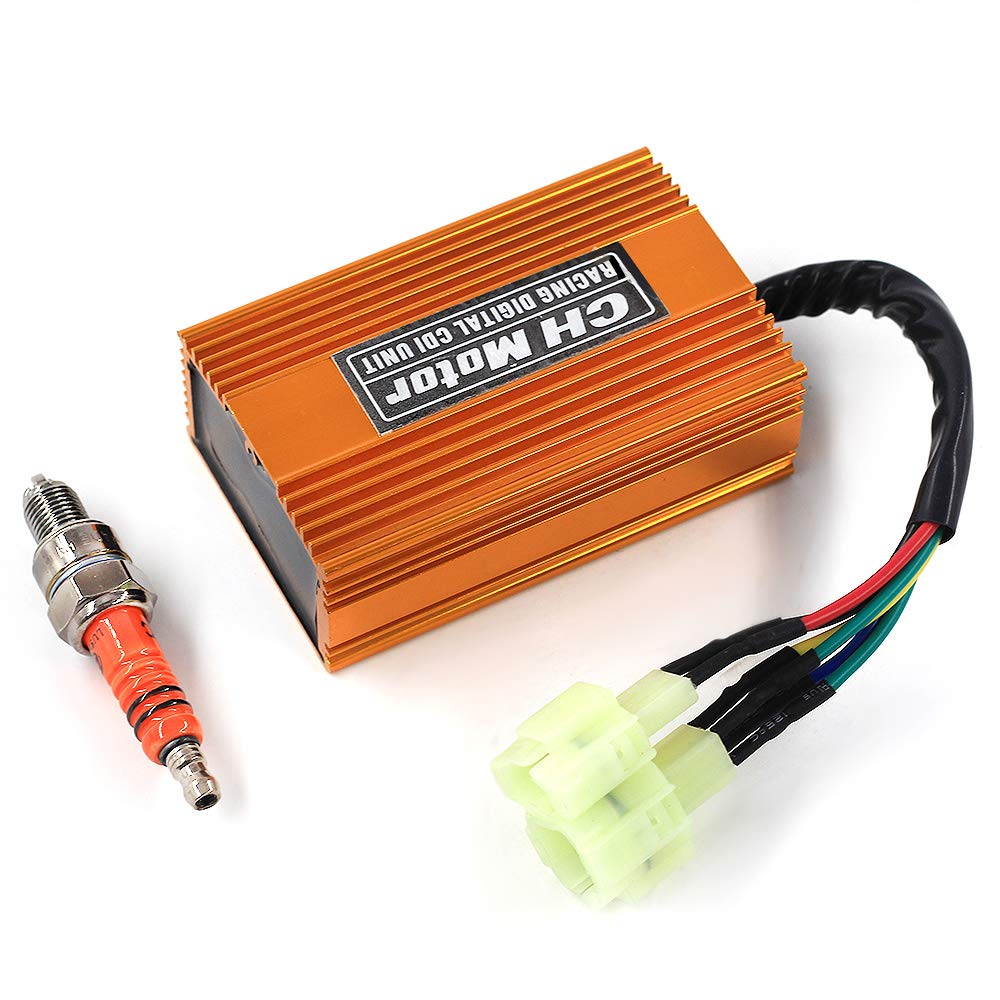 TRKIMAL Racing Tuning DC CDI Box 6pin + Spark Plug for GY6 125cc 150cc 250cc Engines, Moped Scooter, ATV, Go Kart - No Rev