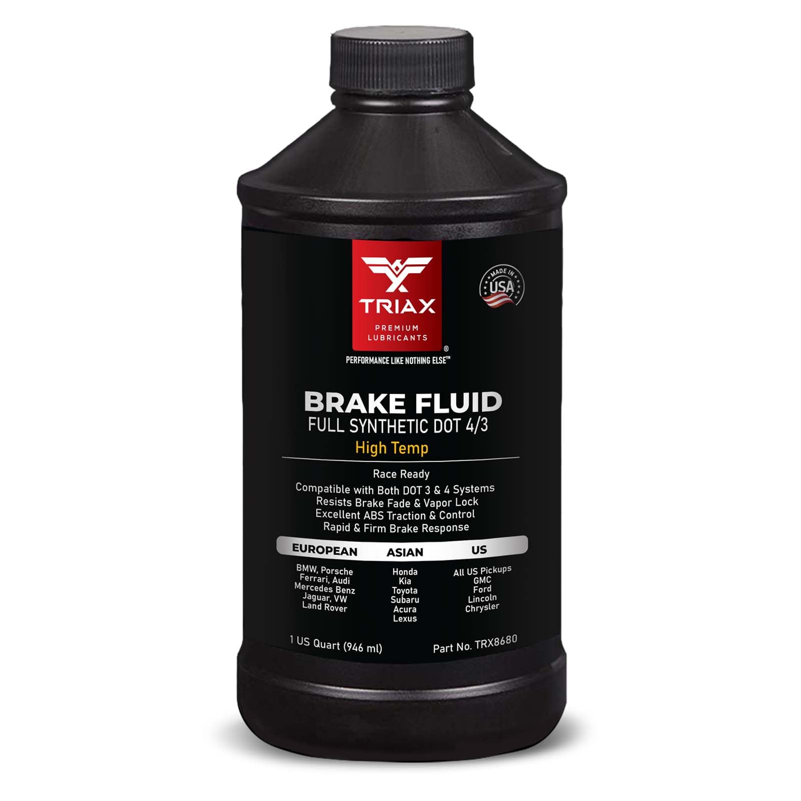 Triax Brake Fluid Dot 3&4 - Full Synthetic, High Temp, Heavy Duty, All-Vehicle, Race Ready - European, Asian, & Us Vehicles - Resists Brake Fade & Vapor Lock, Abs Traction & Control (1 Quart)
