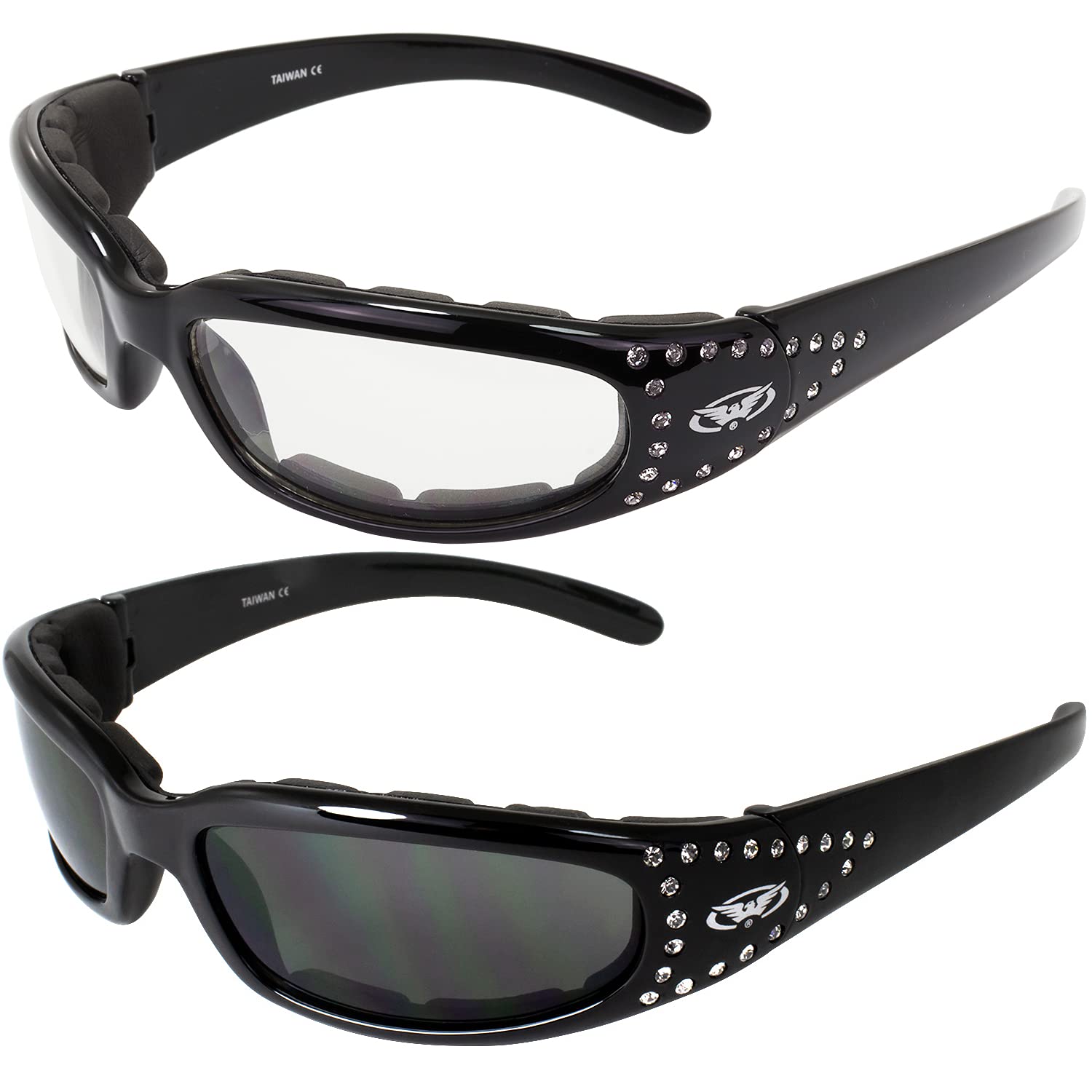 Global Vision 2 Pairs Of Marilyn-3 Women'S Ladies Padded Motorcycle Sunglasses Bling Black Studded Frames With Clear & Smoke Lenses