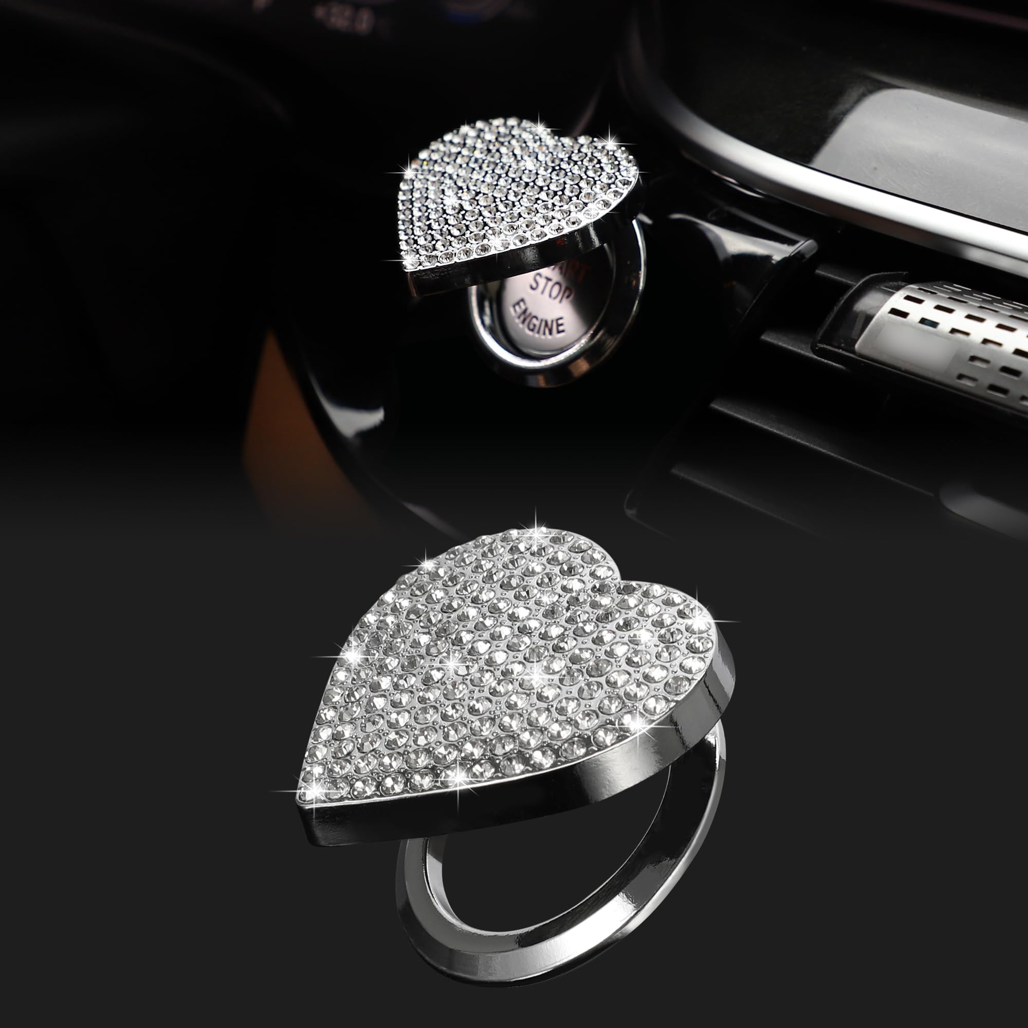 Tomall Bling Car Engine Start Button Cover Diamond Interior Crystal Push Start Button Ring Cap Sparkly Accessories Heart Bling Ignition Button Rhinestone Emblem Trim Universal For Car (White)