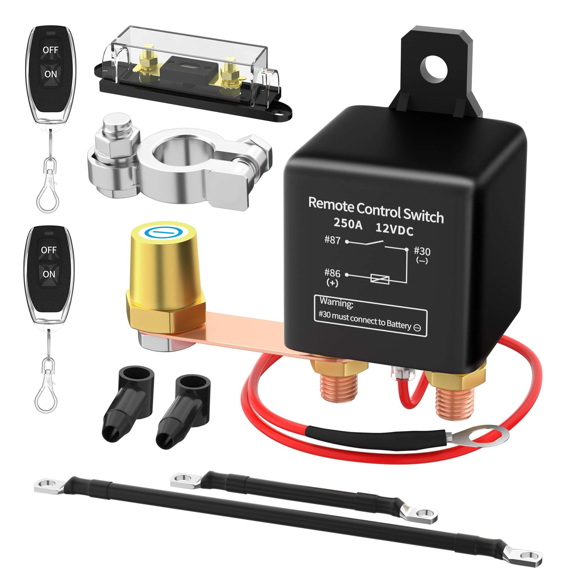 Joinfworld Kill Switch For Car 12V Remote Battery Disconnect Switch 250A Anti-Theft Remote Control Switch With Two Wireless Remote Control Relay Fobs For Auto Truck Boat