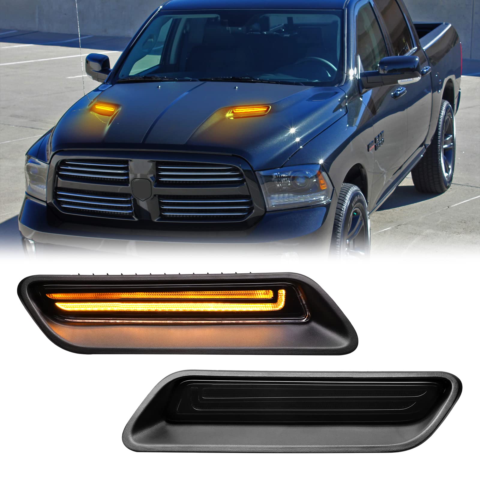 R&F Auto Smoked Sequential Led Hood Vent Lights Compatible With Ram 1500 (2010-2018) / Ram 1500 Classic (2019-2022) Hood Scoop Lamp Dynamic Indicator Turn Signal Light Hood Bezel Driving Light