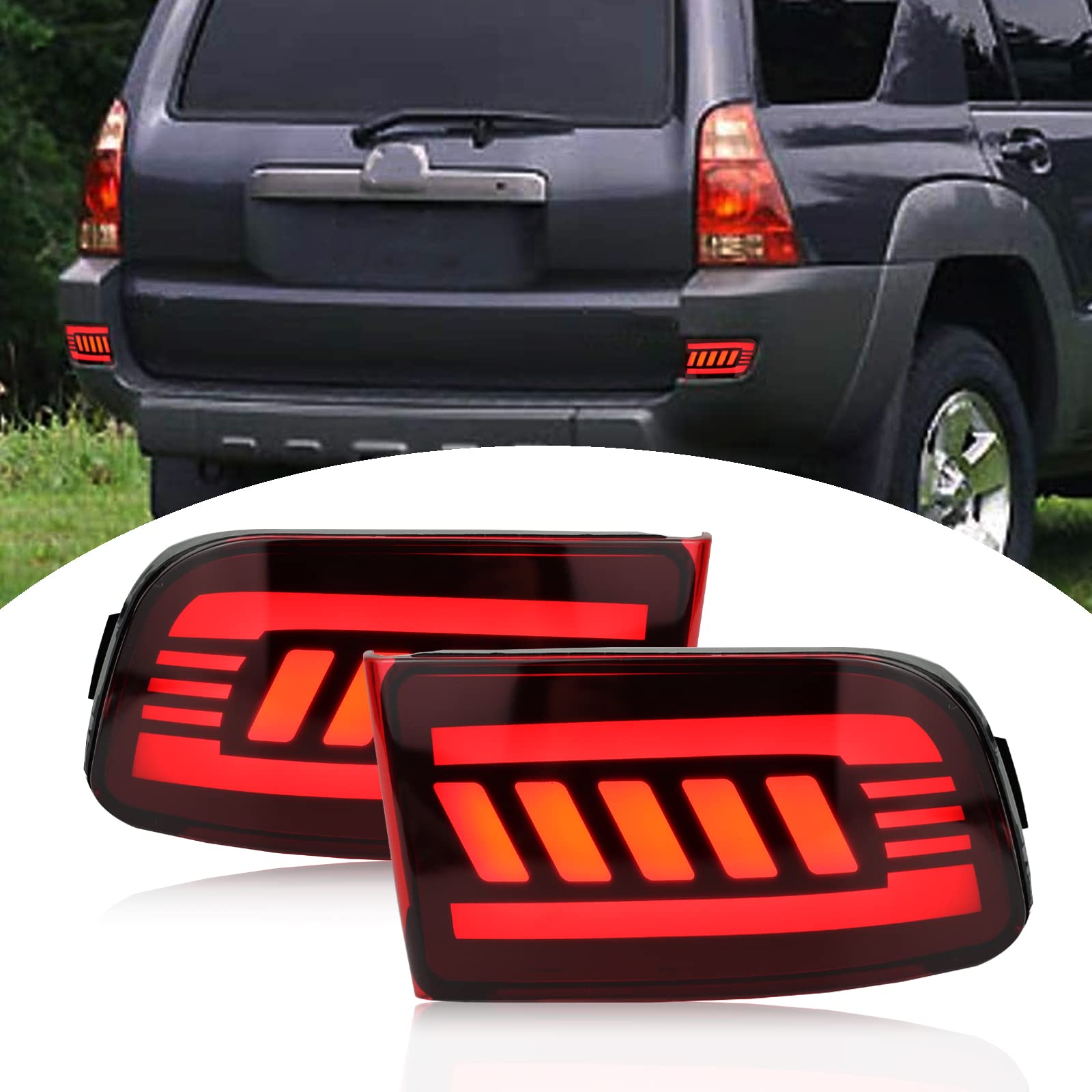 Binqigoo Red Housing Led Rear Bumper Reflector Lights Fog Drl Kit Assembly For 2003-2005 4Runner 2002-2009 Land Cruiser Prado 120 Function 3 In 1 Design (Red Style)