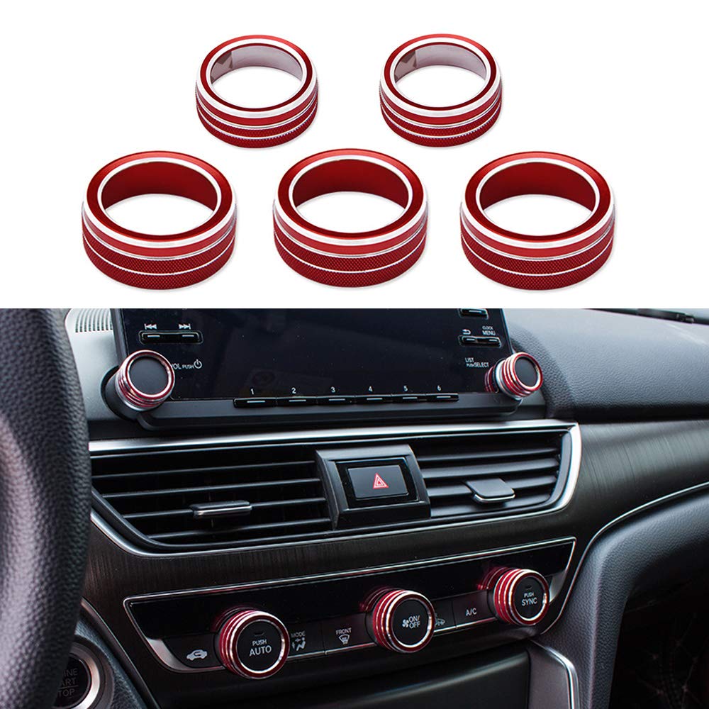 Thor-Ind 5Pcs Aluminum Car Centre Console Ac Air Conditioning Knob Sound Volume Knob Cover Trim For 10Th Honda Accord Sedan Sport Ex Ex-L Lx 2018 2019 2020 2021 (Red)