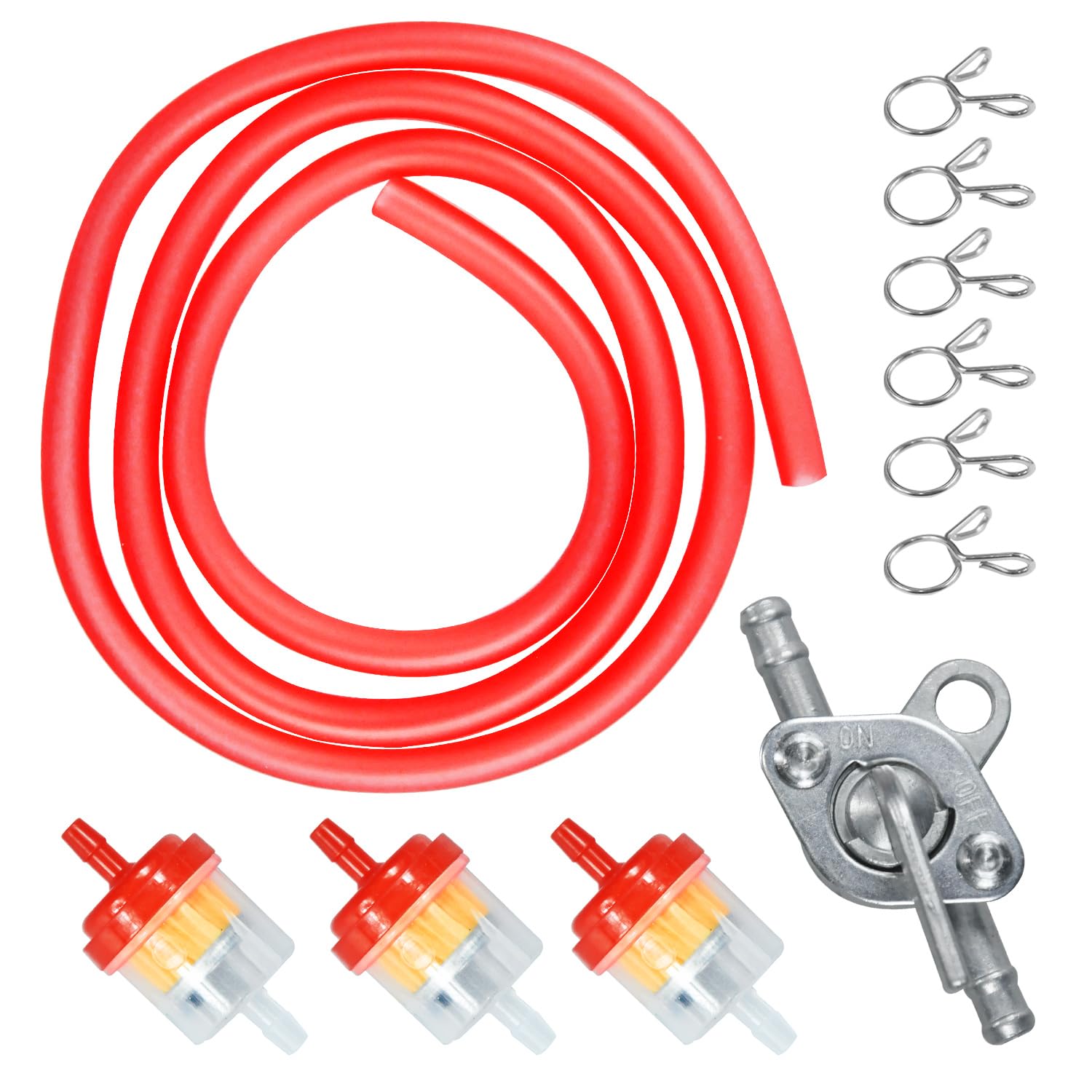 Holato Gas Fuel Line Hose Clamps Fuel Filters With Inline Shut Off Valve Petcock Set For 50Cc 70Cc 90Cc 110Cc 125Cc 150Cc Taotao Coolster Apollo Baja Atv Four Wheeler Dirt Pit Bike (Red)