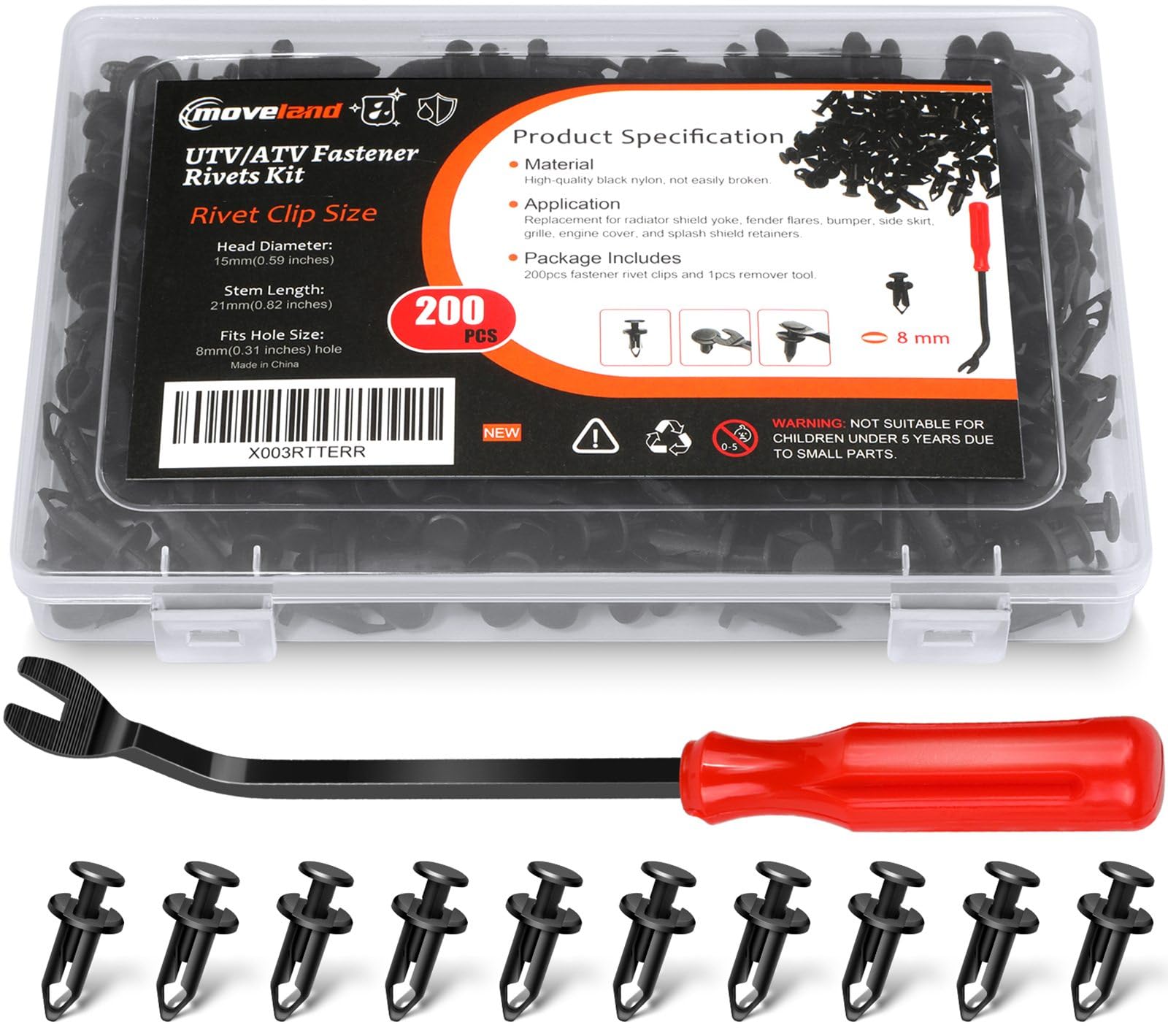 Moveland 200Pcs 8Mm Utv Atv Fender Push Clips With Fastener Removal Tool, Nylon Body Rivets Fasteners Clips Compatible With Polaris Ranger Rzr Can Am Kawasaki Teryx Honda Suzuki Sportsman