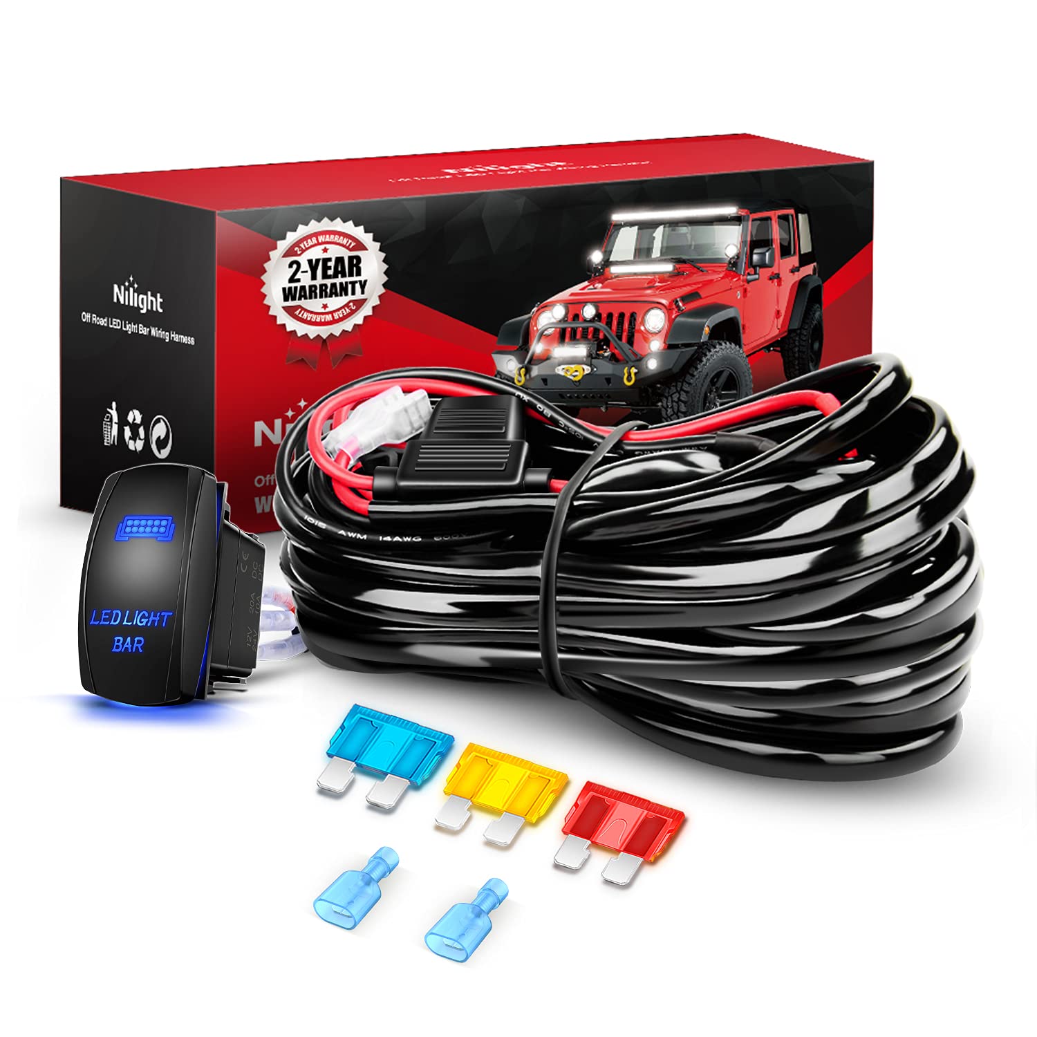 Nilight 10014W Led Light Bar Wiring Harness Kit 14Awg Heavy Duty 12V 5Pin Rocker Laser On Off Waterproof Switch Power Relay Blade Fuse-1 Lead, 2 Years Warranty