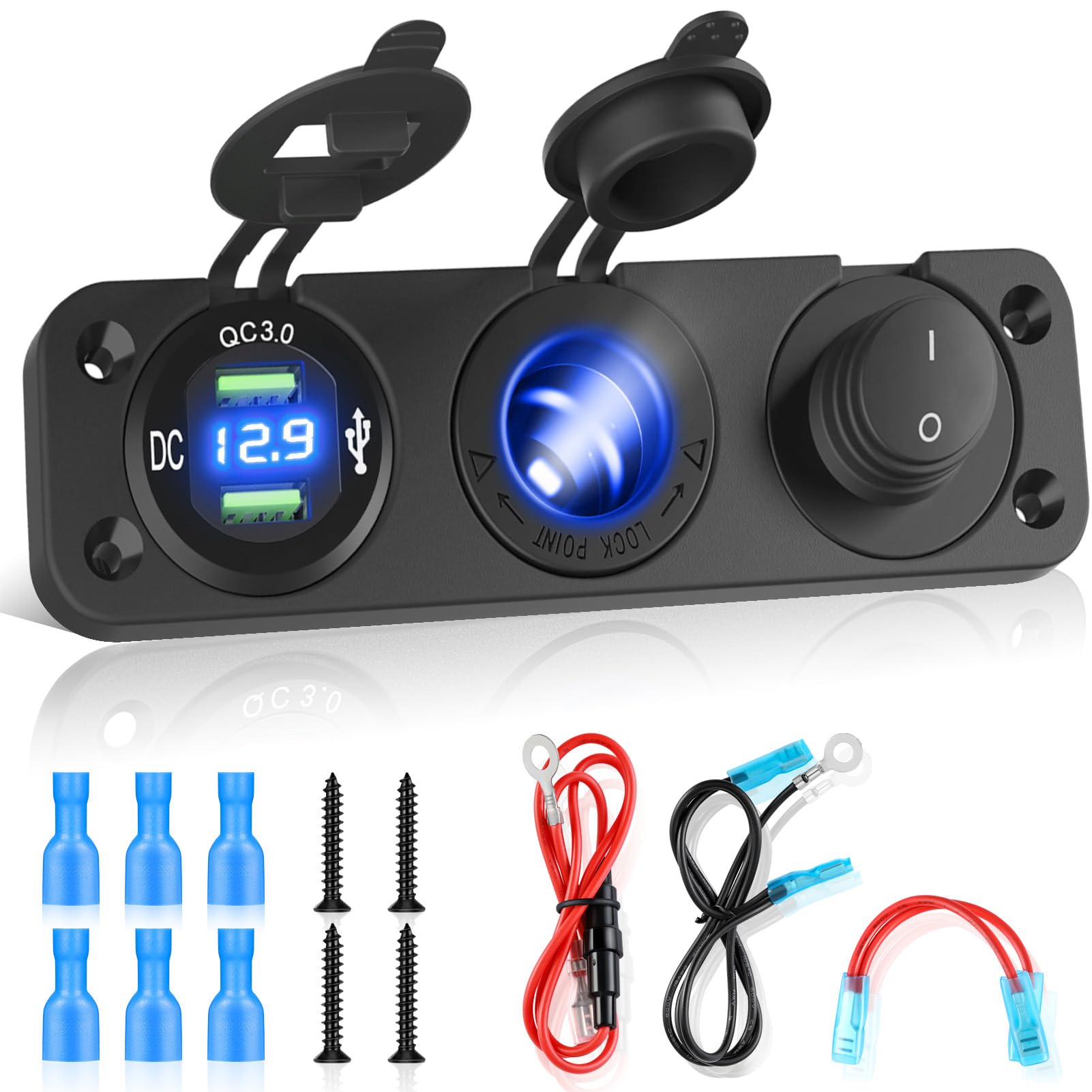 Kohree 12V Marine Boat Cigarette Lighter Socket, 3 In 1 Waterproof Car Dual Qc3.0 Usb Outlet Panel 12 Volt Rv Power Socket Led Display Waterproof Charger Socket