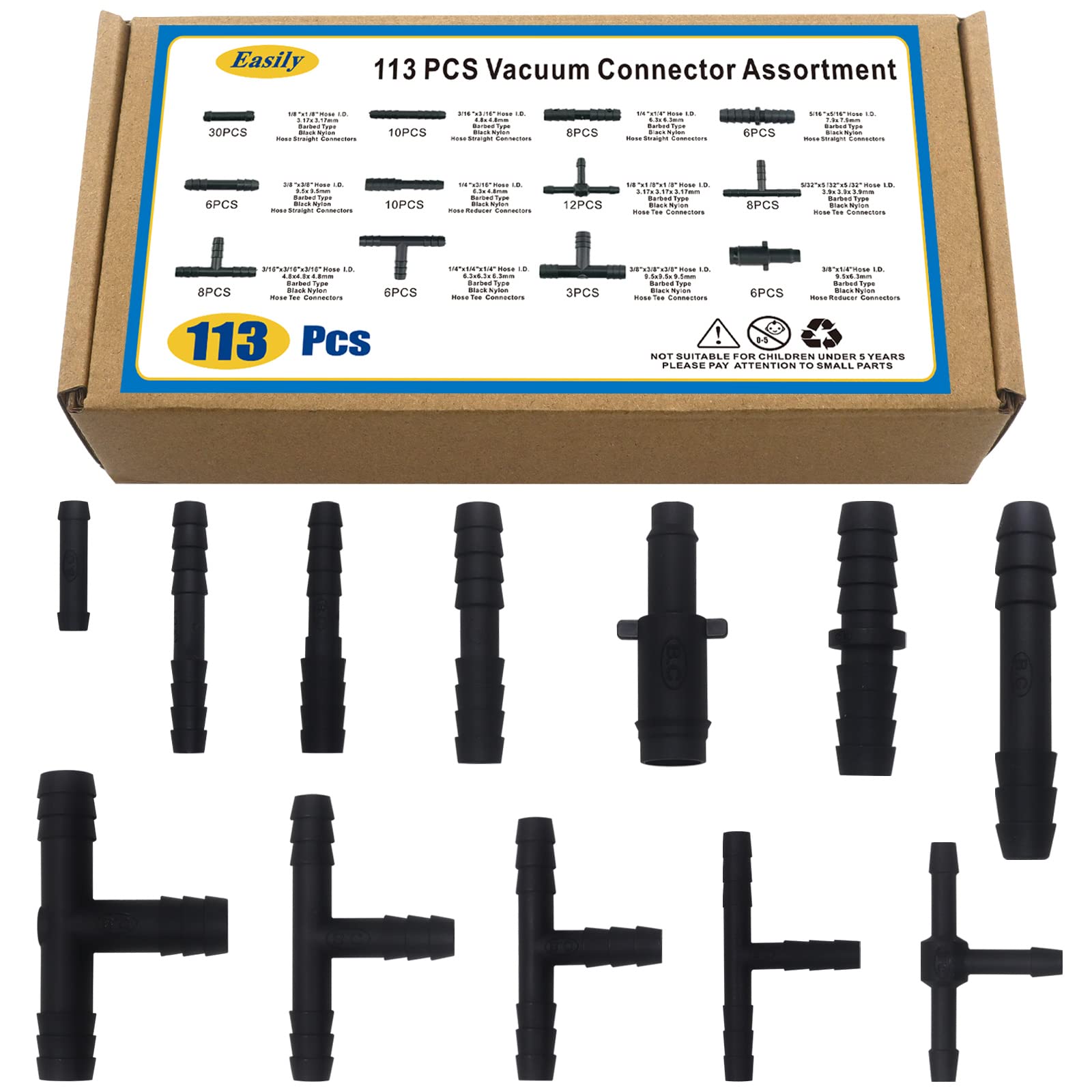 Vacuum Connector Assortment 113 Pcs Heat Resistance 240?(460?)Automotive Vacuum Tubing Connector Vacuum Tee Connector Assortment Kit Black Nylon