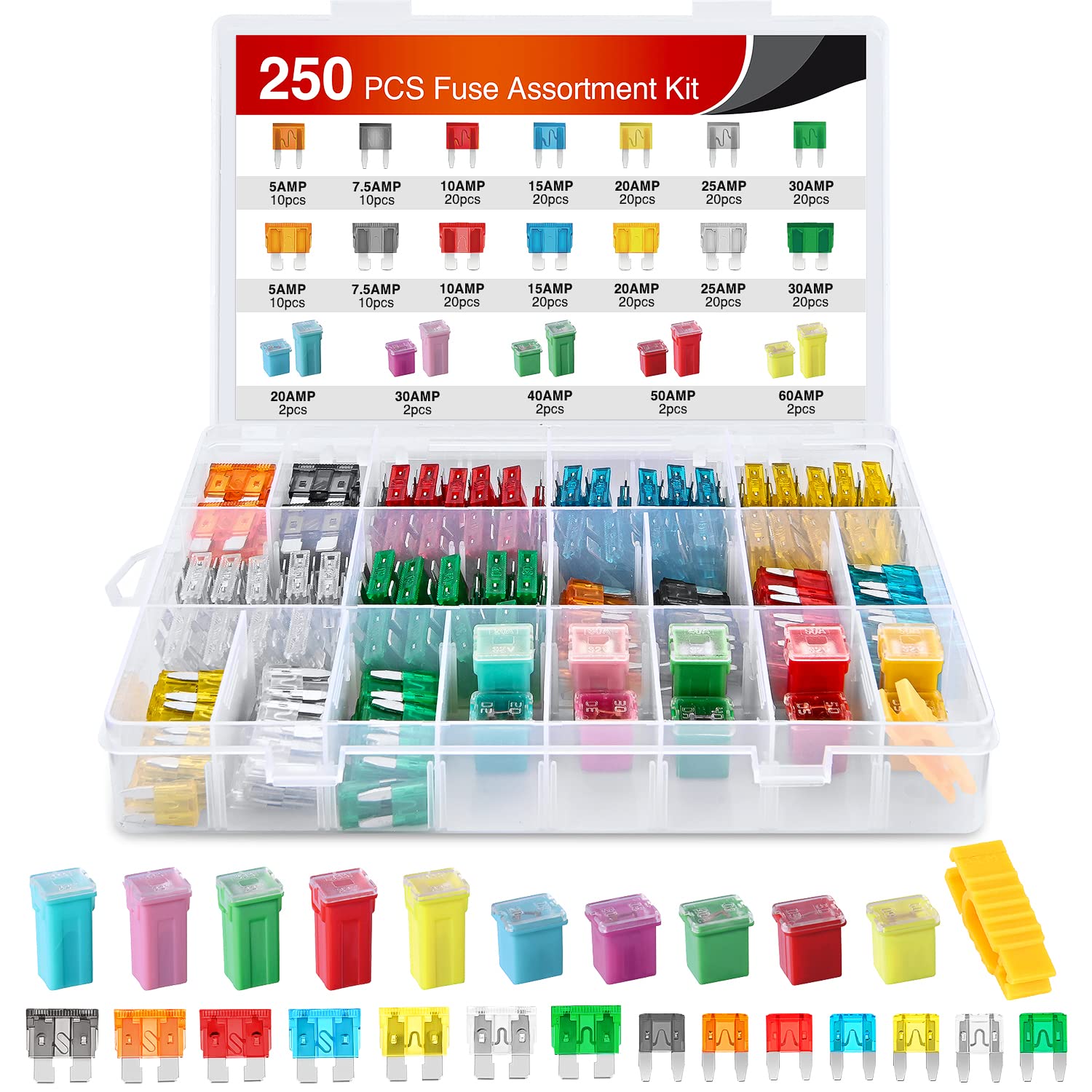 Nilight Blade Jcase Car Fuse Assortment Kit 5A 7.5A 10A 15A 20A 25A 30A Standard Mini Fuses 20A 30A 40A 50A 60A Low Tall Std Profile Fuses For Car Truck, 2 Years Warranty, 250Pcs Fuses + Box Fuses