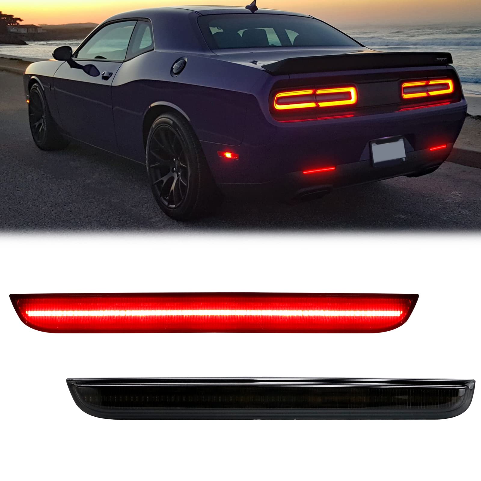 R&F Auto Led Rear Bumper Reflector Lights Compatible With Challenger 2015-2022 Smoked Lens Red Tail Rear Bumper Reflector Brake Lamp Powered By 80-Smd Led Chips
