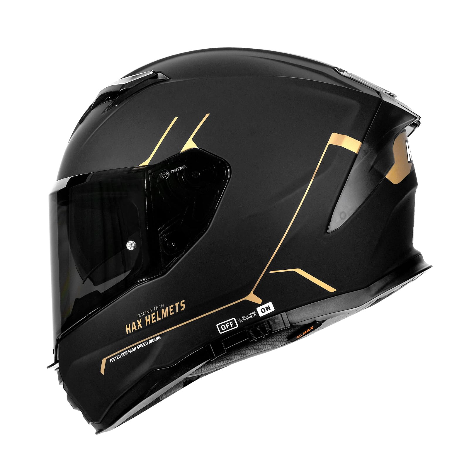 Hax Force Aerodynamic Full Face Helmet For Street & E-Bikes Dot & Ece Certified - Enhanced Dual Visor, Adult Size, Pinlock Ready Matte Black Gold L