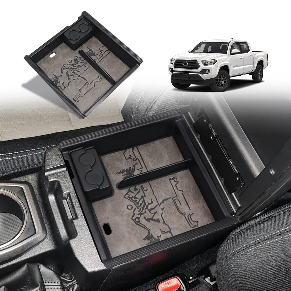 Triplealiners For 2023 Tacoma Center Console Organizer With Leather Trim Inserts Compatible With Toyota Tacoma 2016 2017 2018 2019 2020 2021 2022 2023 Armrest Storage Box (Leather Retro Grey)