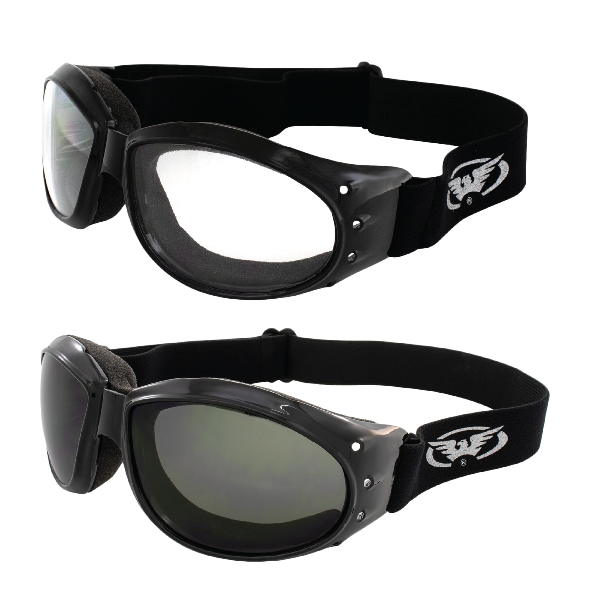 Global Vision Eliminator Deluxe Red Baron Style Padded Anti-Fog Motorcycle Goggles Black Frames (Clear And Smoke)