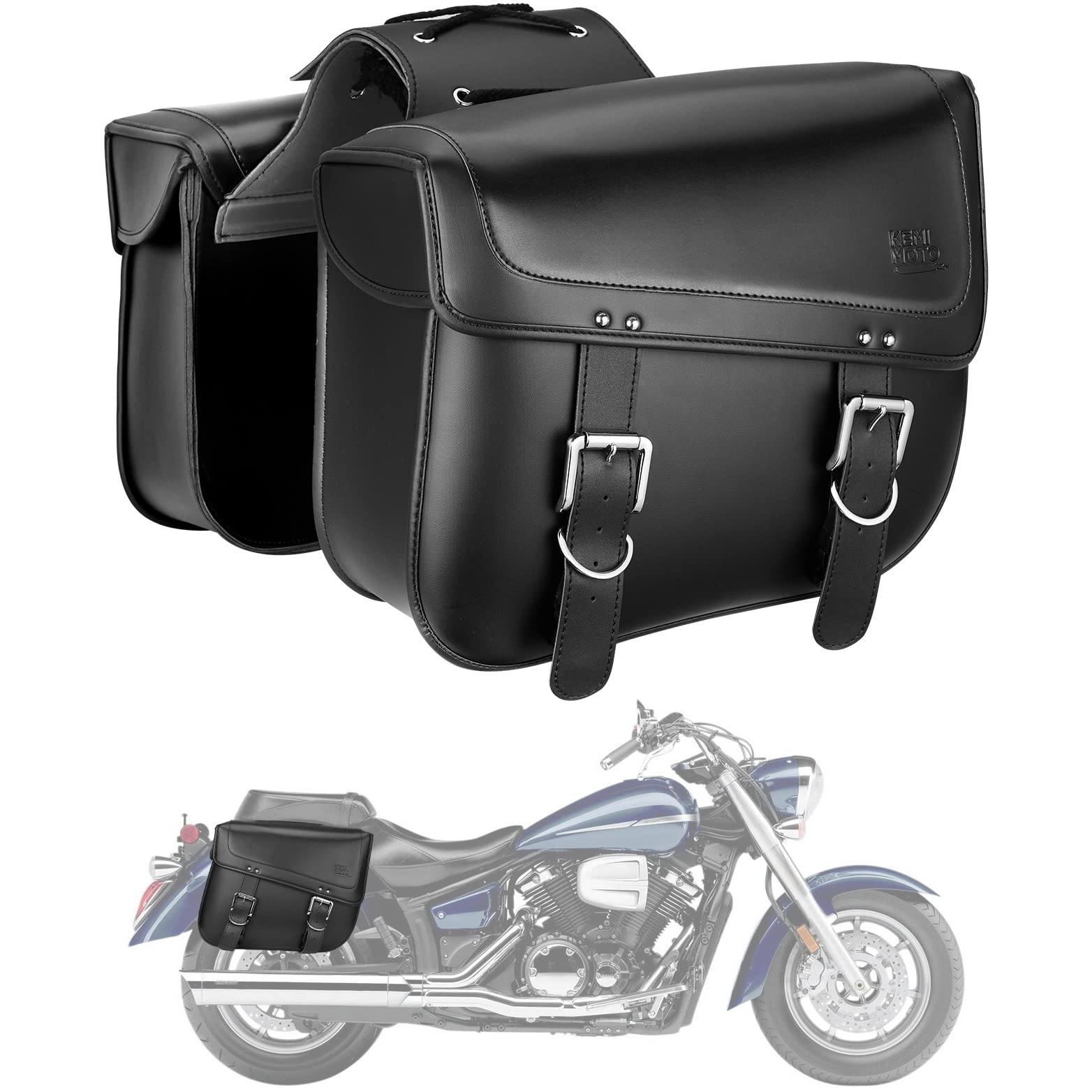 Kemimoto Motorcycle Saddlebags, 30L Large Capacity Saddle Bags Motorcycles, Pu Leather Motorcycle Luggage Bag For Sportster Softail Dyna V-Star Shadow, Universal Motorcycle Accessories, Black