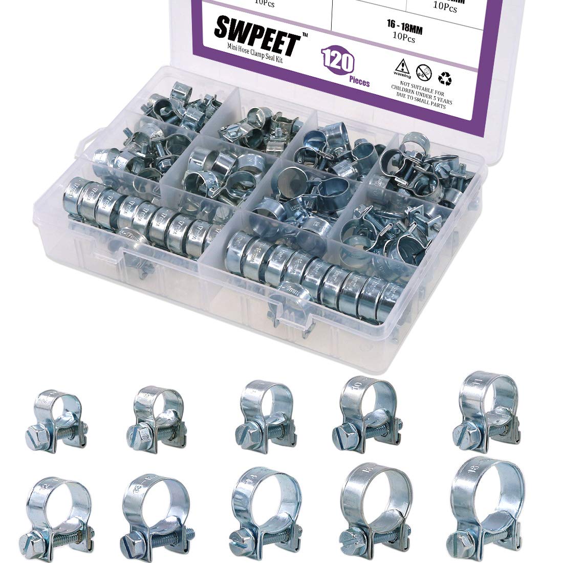 Swpeet 120Pcs 10 Sizes Zinc Plated Mini Fuel Injection Line Style Hose Clamp Assortment Kit Perfect For Automotive, Agriculture, Plant & Construction
