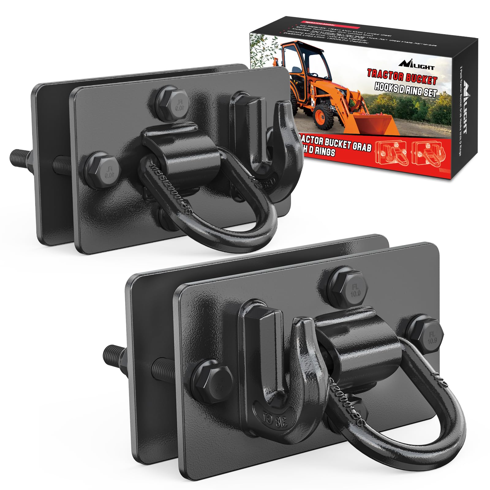 Nilight 2Pcs Tractor Bucket Hooks With Tie Down Ring, Grade 70 Grade Forged Steel Bolt-On Grab Hook With Back Plates For Tractor Bucket Rv Utv Truck Mbs 15000 Lbs, Black, 2 Years Warranty